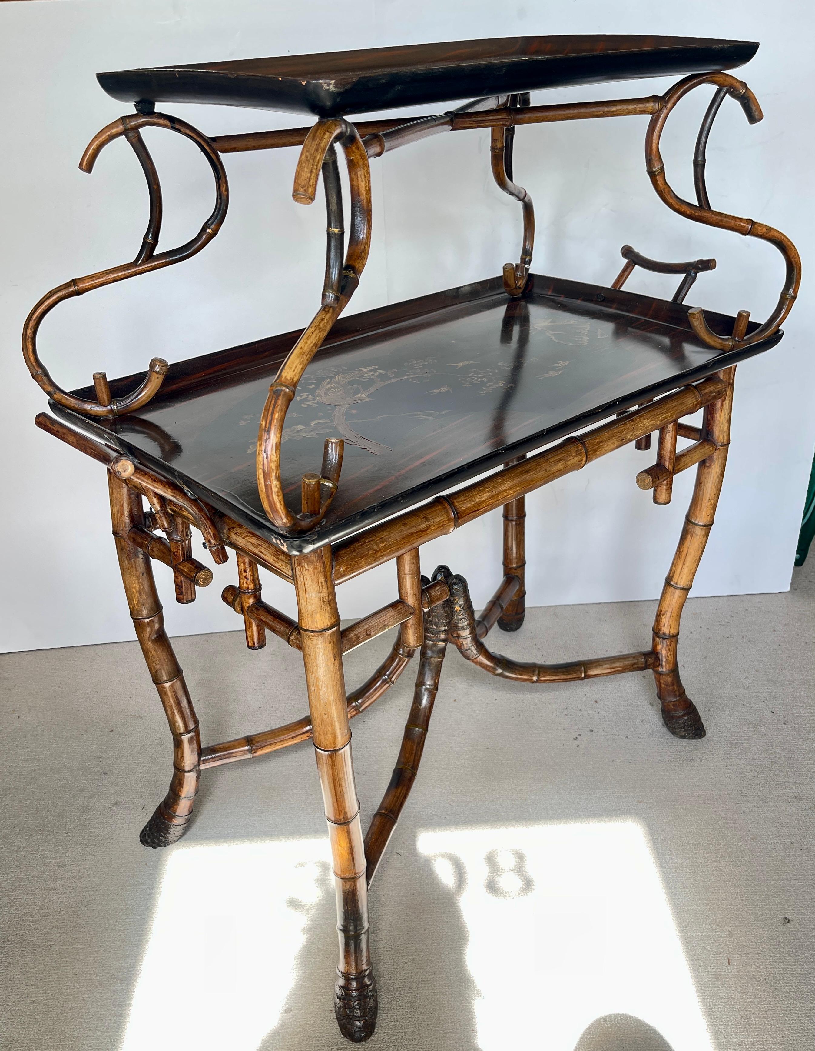 Rare Antique Root Bamboo & Lacquer Tray Table by Perret Et Vibert, C.1870-1890 In Good Condition For Sale In West Palm Beach, FL