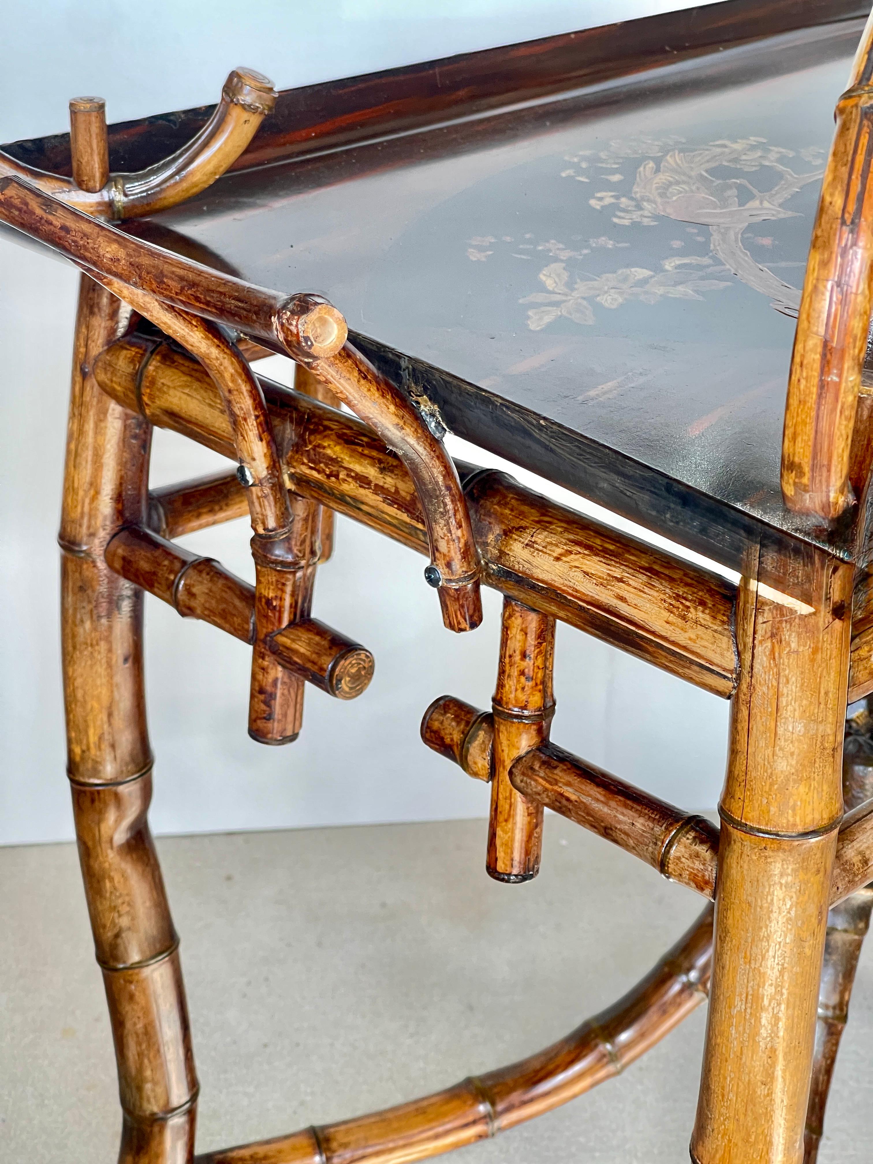 19th Century Rare Antique Root Bamboo & Lacquer Tray Table by Perret Et Vibert, C.1870-1890 For Sale
