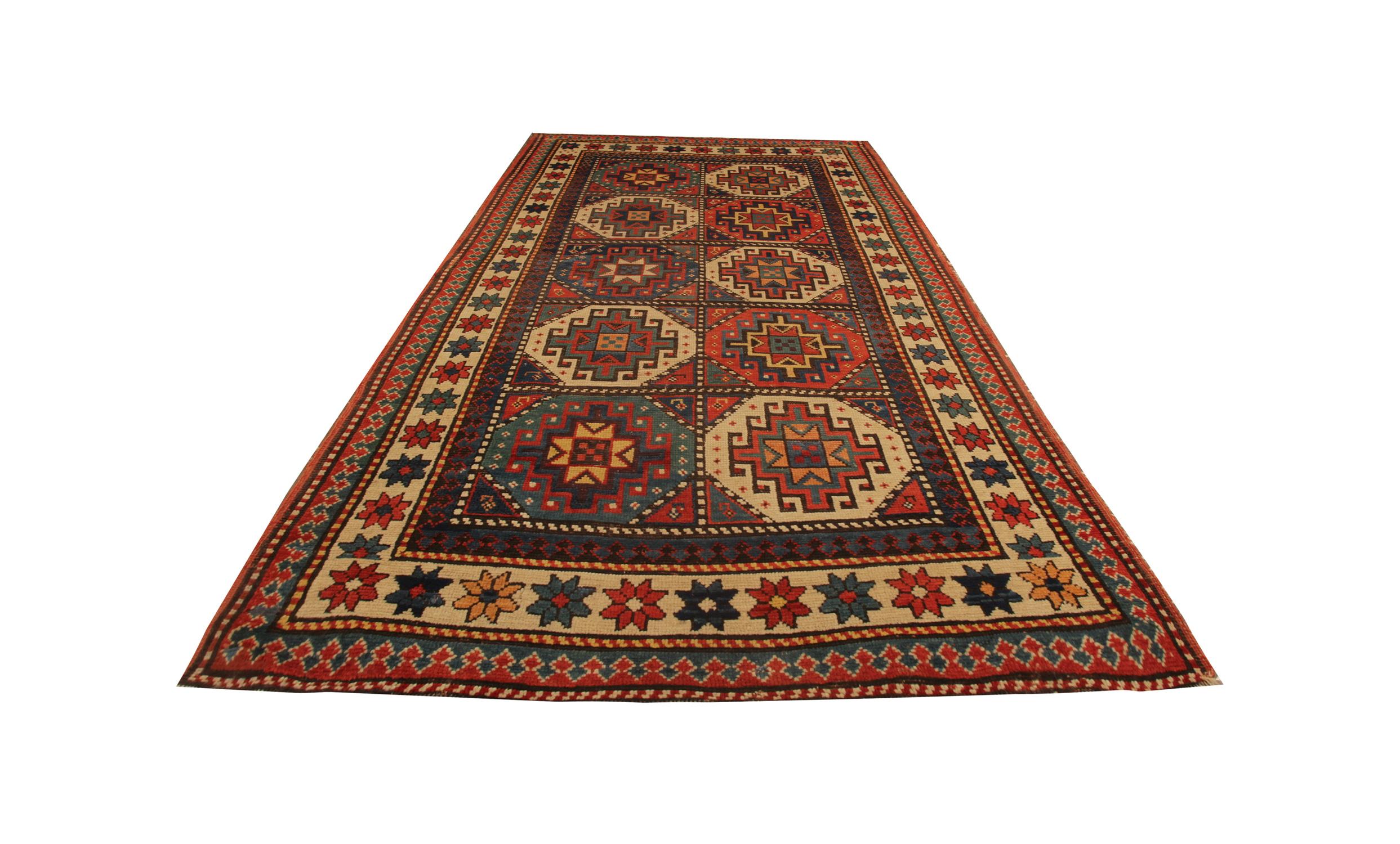 Rare Antique Rug Caucasian Oriental Rug Handmade Carpet from Kazak Area Rug In Excellent Condition For Sale In Wembley, GB
