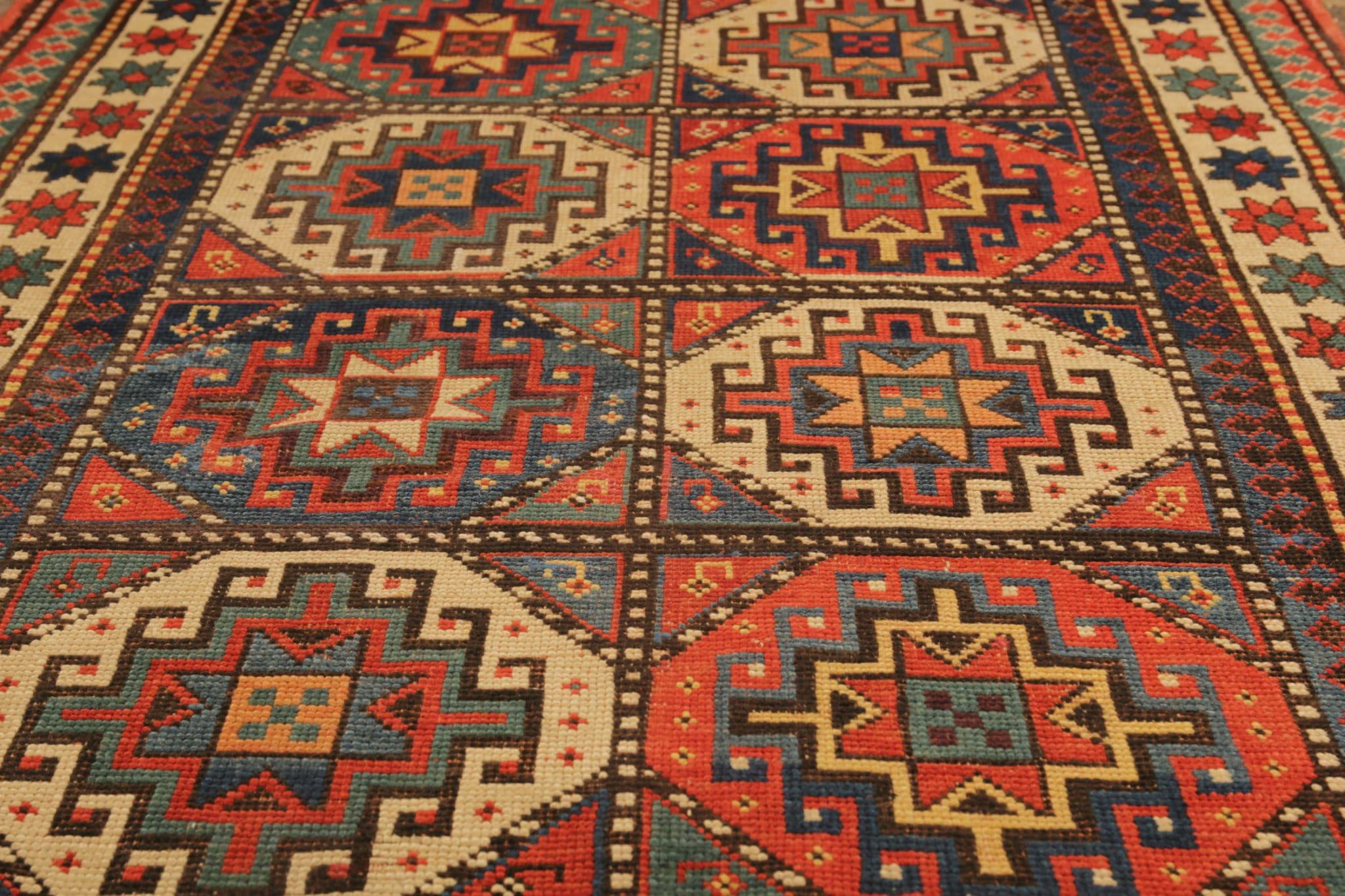 Cotton Rare Antique Rug Caucasian Medallion Rug Handmade Carpet from Kazak Area For Sale