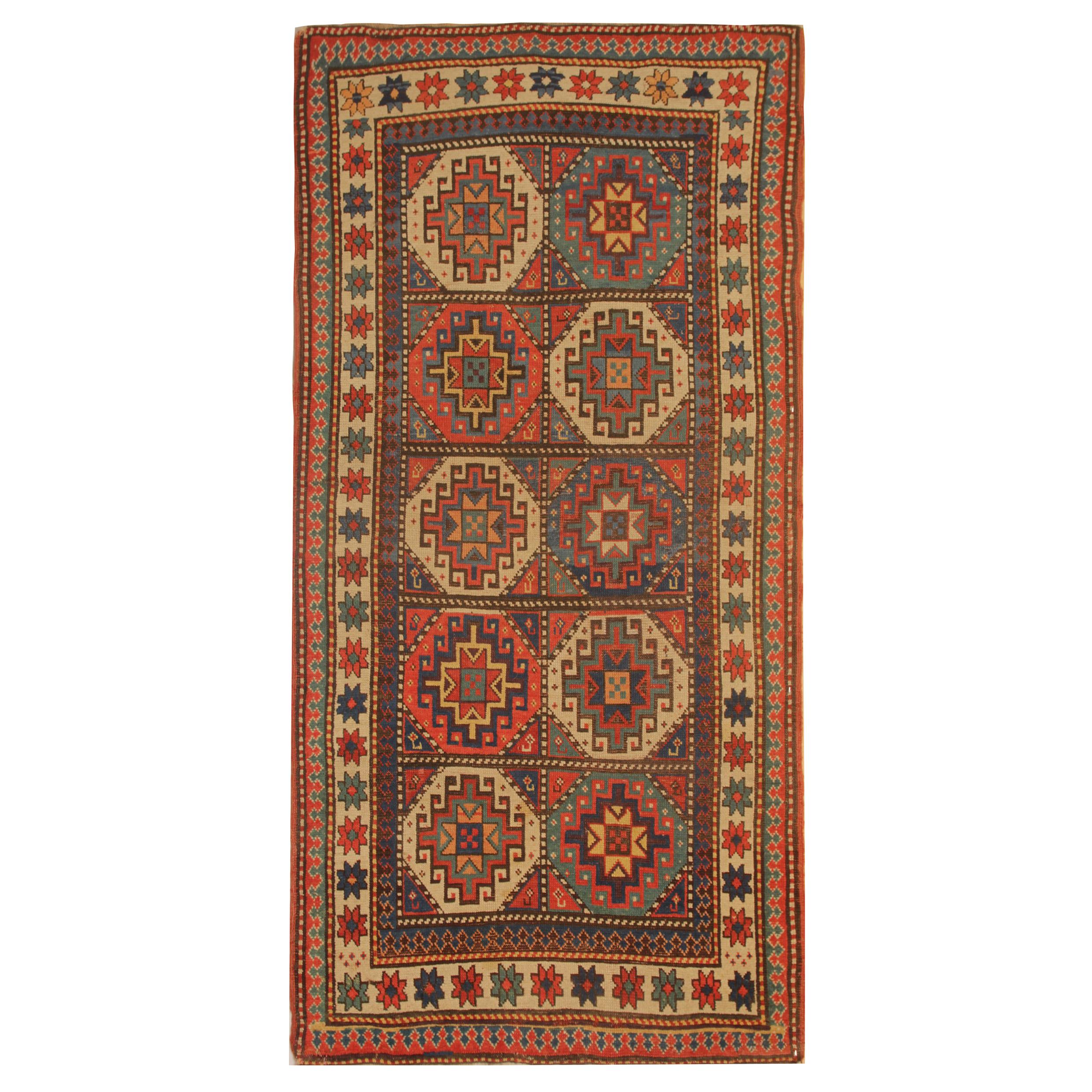 Rare Antique Rug Caucasian Oriental Rug Handmade Carpet from Kazak Area Rug For Sale