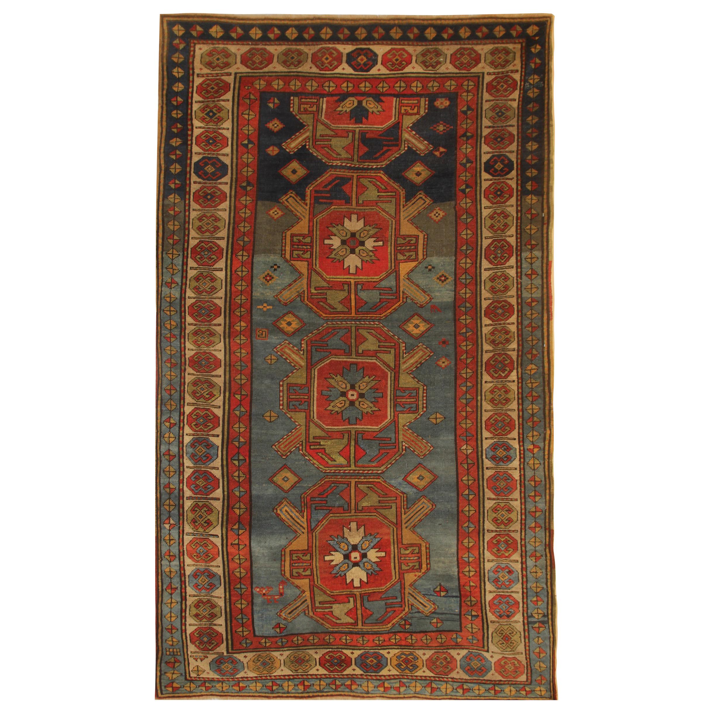 Rare Handmade 19th Century Caucasian Kazak Area Rug Carpet 