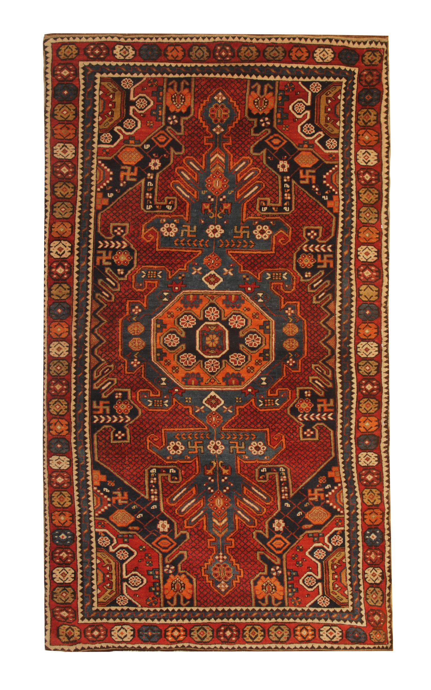 Rare Antique Rug Kazak Caucasian Red Medallion Rug Handmade Carpet of kuba Area For Sale