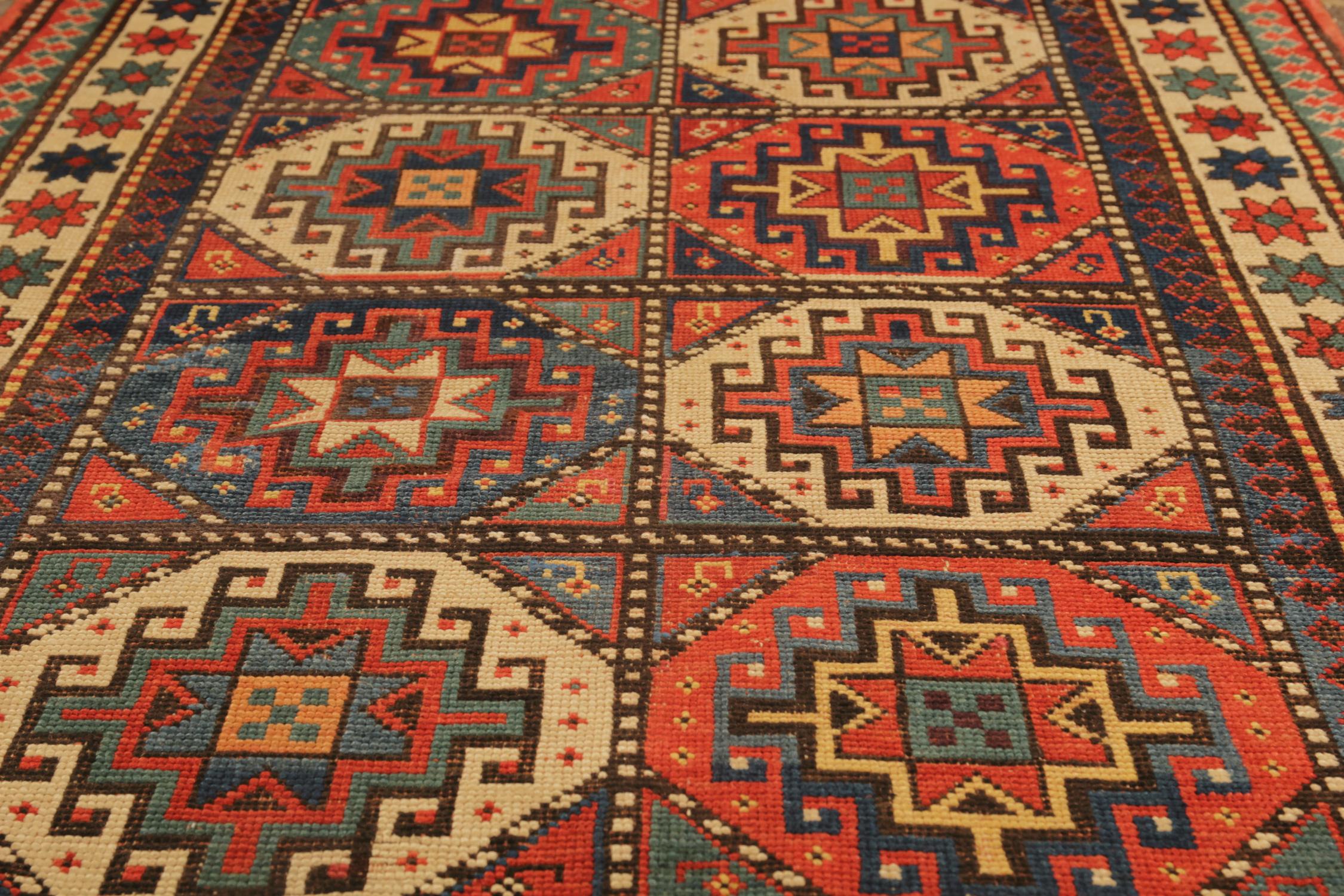 Late 19th Century Rare Antique Rug Caucasian Oriental Rug Handmade Carpet from Kazak Area Rug For Sale