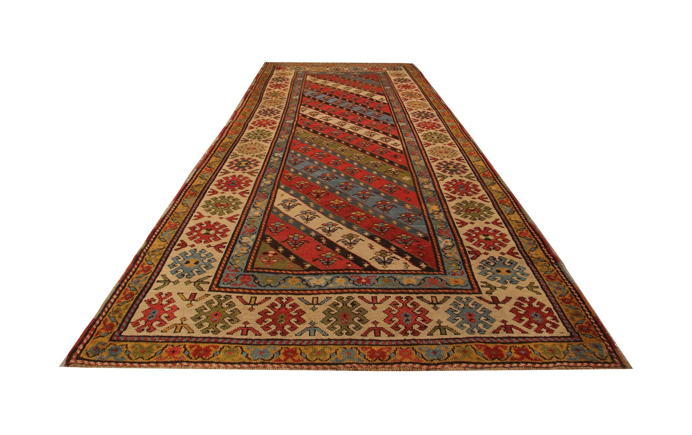 Step into history with our rare antique rug, a captivating piece of craftsmanship from the Caucasian region. Hand-knotted with meticulous care in the 1880s, this oriental masterpiece boasts an excellent condition, preserving its antique allure.