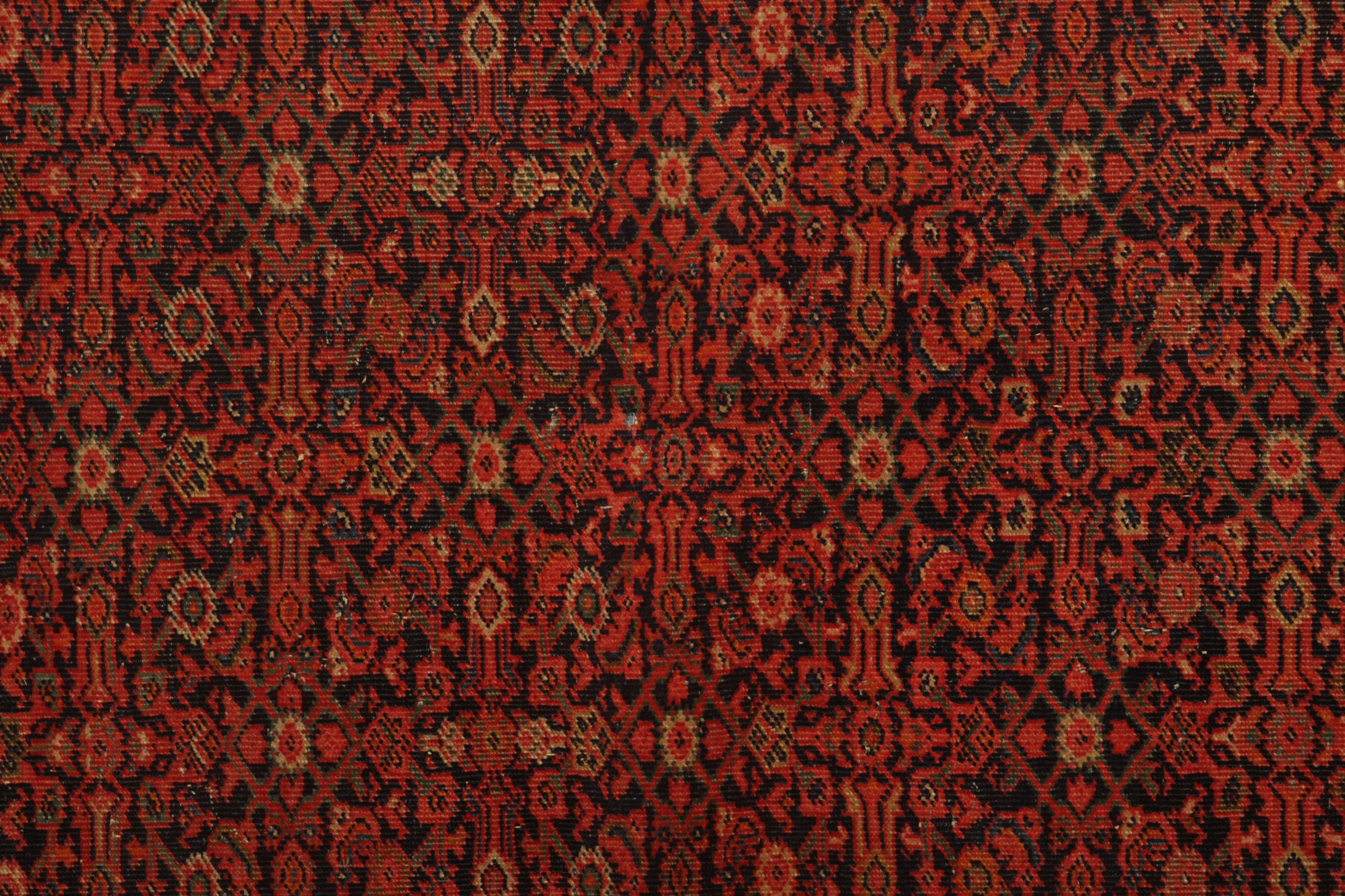 An all-over design drenches the centre of this rug in rich reds and orange tones. The corners have added details with a botanical design, then enclosed by a layered foliate border. 
This geometric rug has charming personal details, including zigzag
