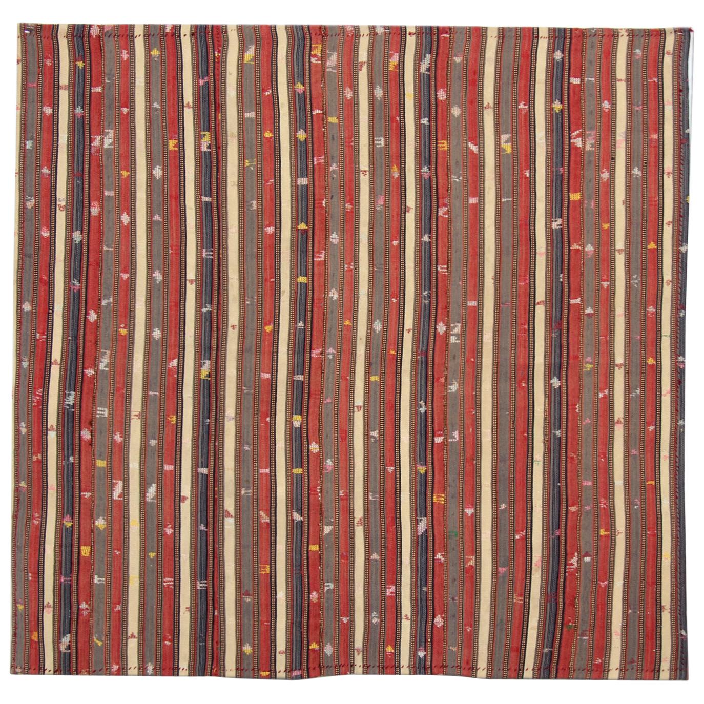 Rare Antique Rug Striped Handwoven Square Carpet Flat-Weave Jajim