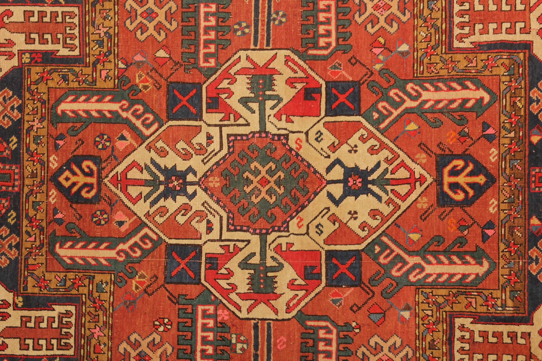 An excellent example of Caucasian handmade carpet rug weaving from the Kazak region of Azerbaijan. Though these orange-red ground all-over patterned rugs may seem like from a distance, this woven rug has a great range of rich organic vegetable dyes