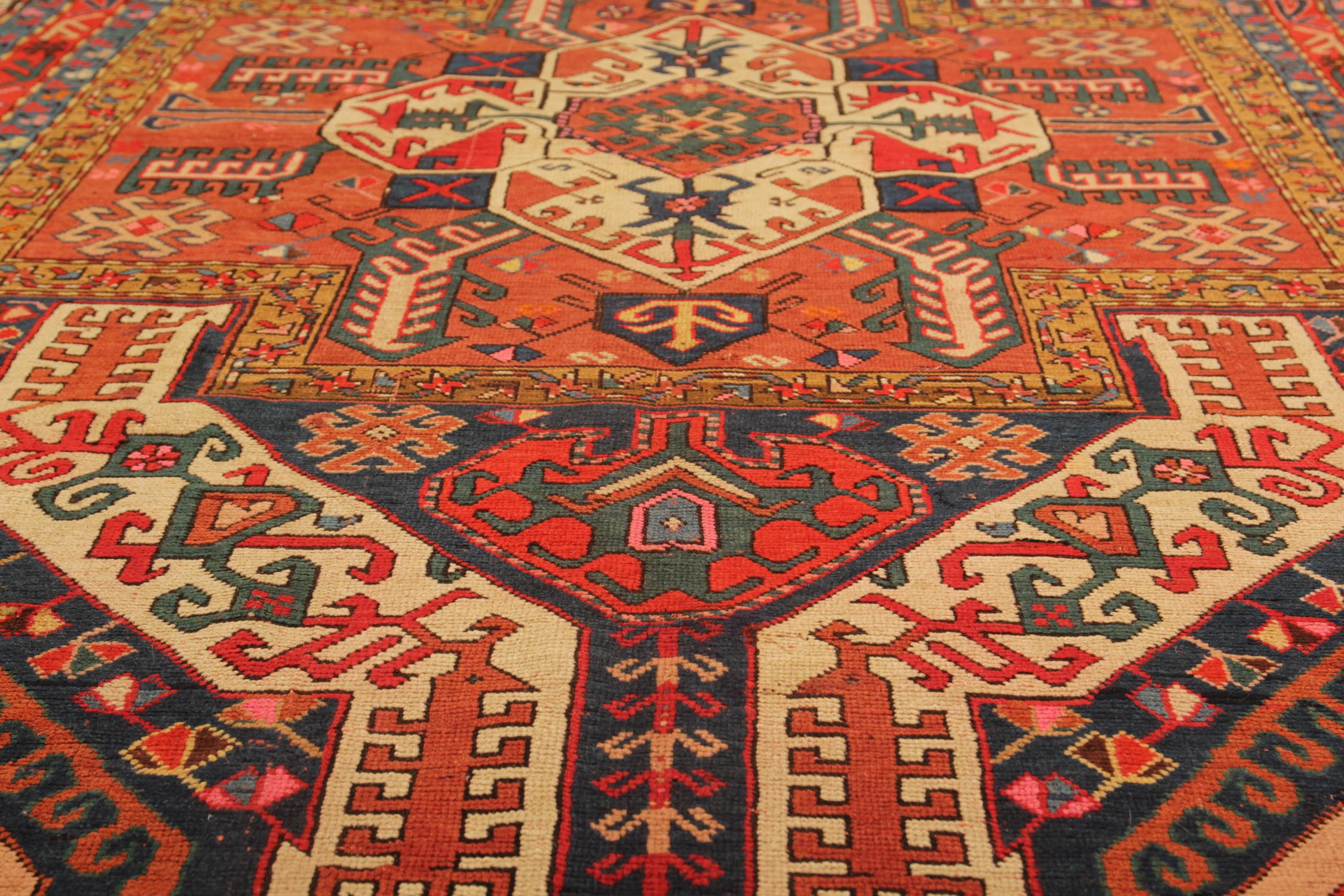 Rare Antique Rugs Elegant Geometric Red Rugs Dragon Traditional Kazak Rug Carpet In Excellent Condition In Hampshire, GB