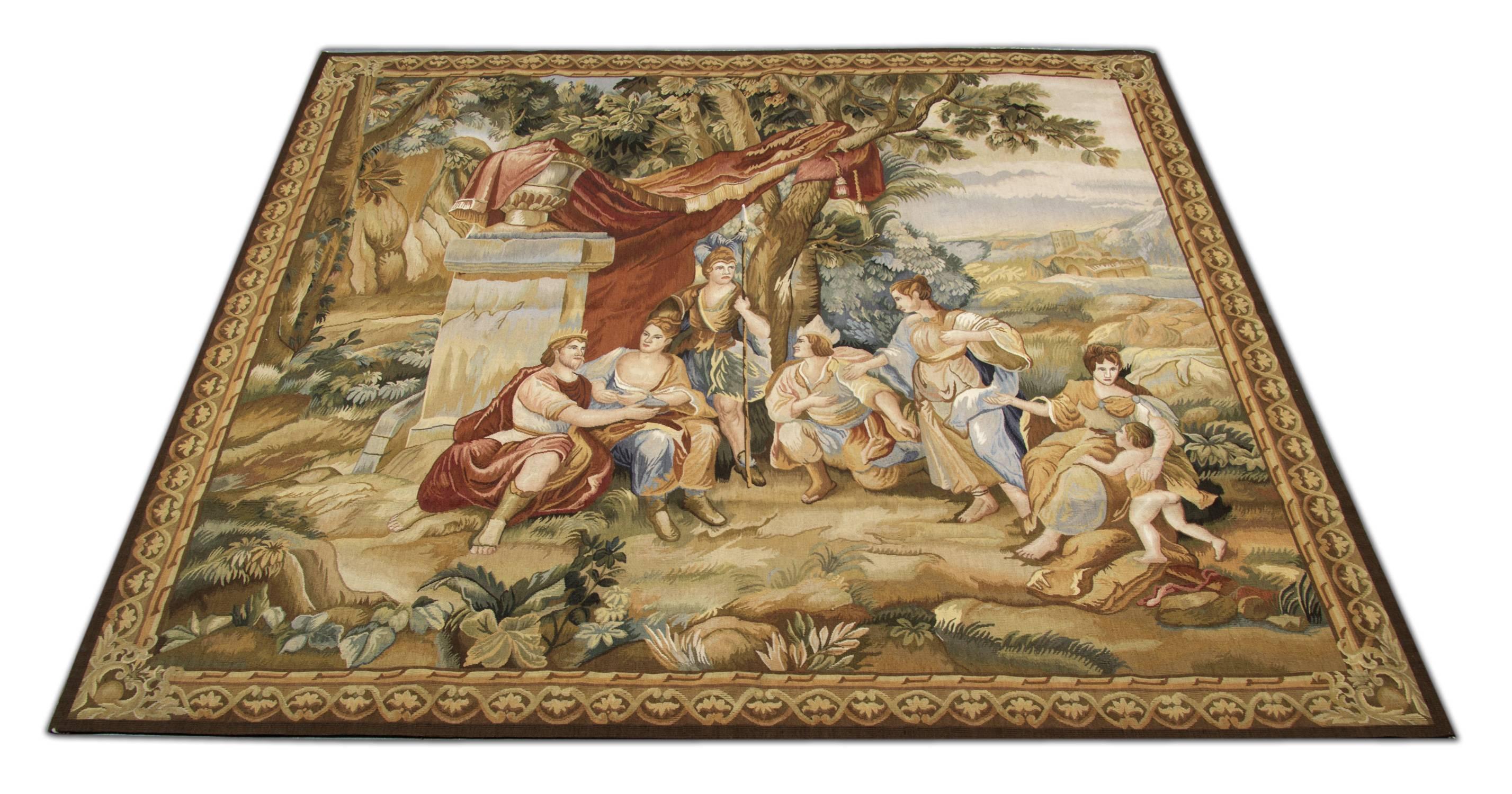 A fabulous 19th-century handwoven tapestry in excellent condition. The scene of celebration among nature. A similar technique is used for making the tapestry, as in Aubusson and Needlepoint in the flat weave role. These decorative area rugs are