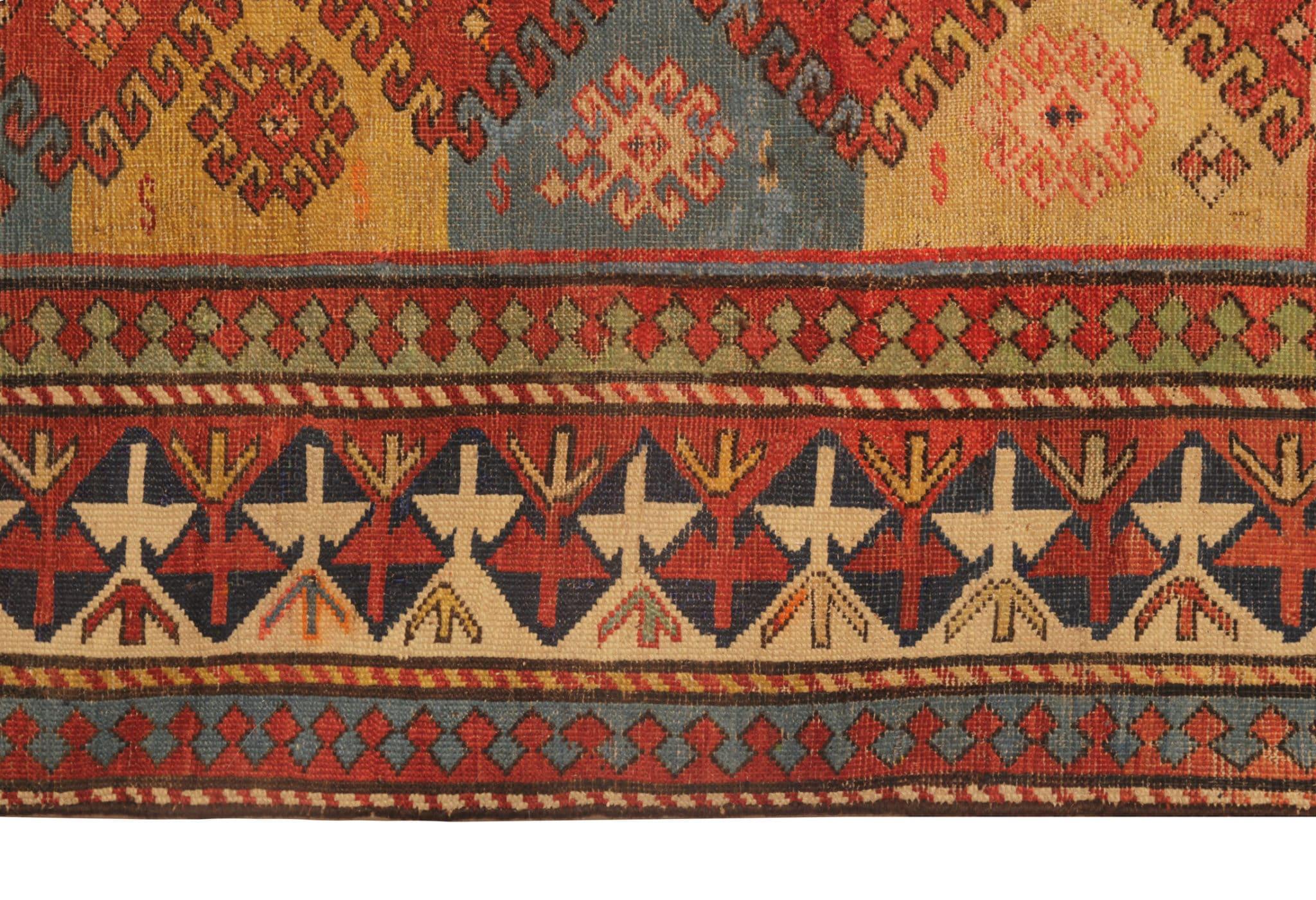Hand-Knotted Rare Antique Rugs Handmade Carpet Geometric Red Rugs Rich Traditional Kazak Rug For Sale