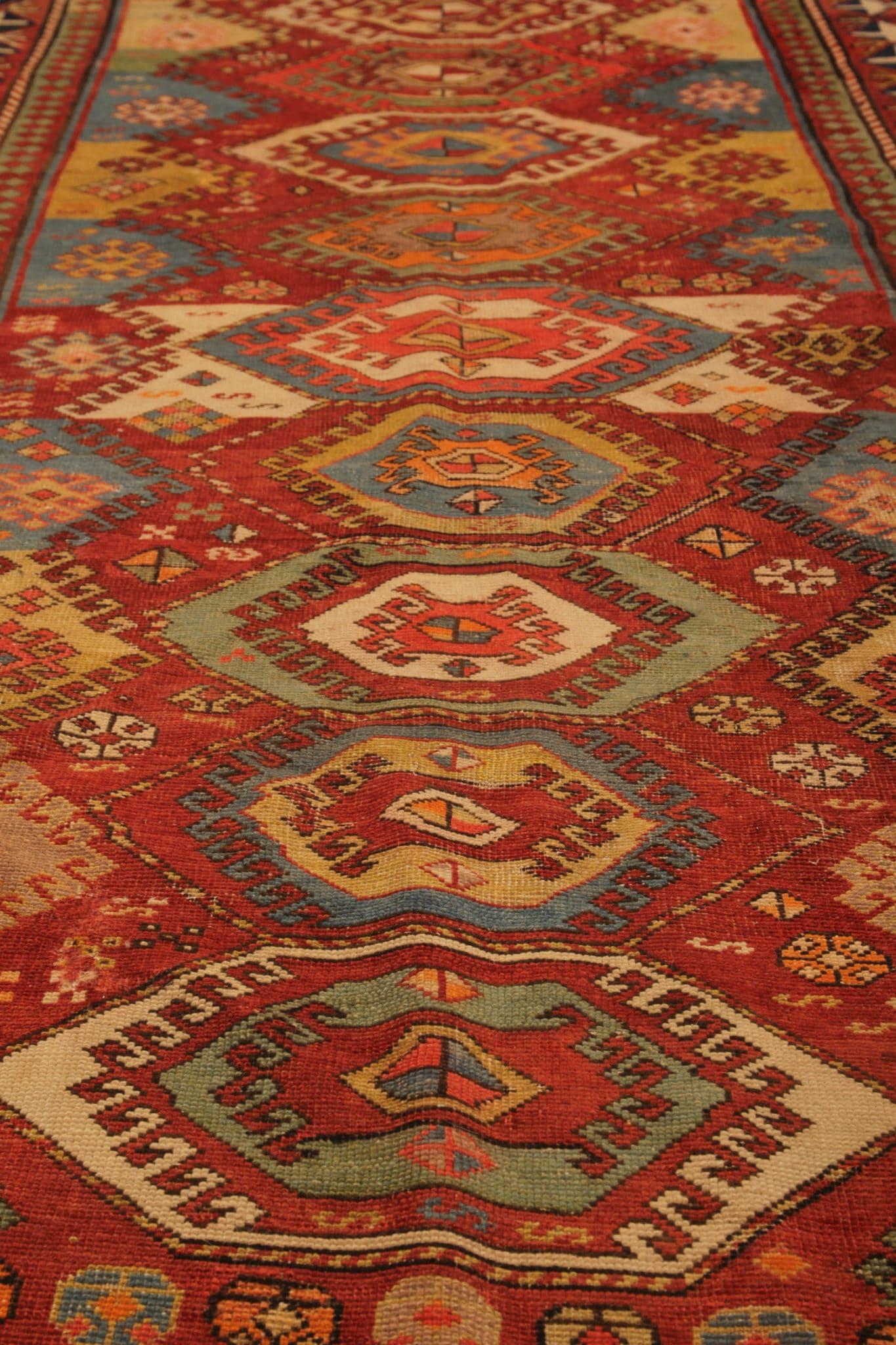 19th Century Rare Antique Rugs Handmade Carpet Geometric Red Rugs Rich Traditional Kazak Rug For Sale