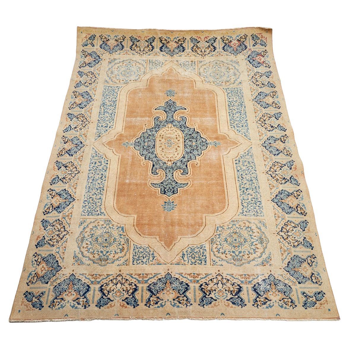 Rare Antique Rugs Tabriz Traditional Blue Beige Rust Ground Rug Medallion Carpet For Sale