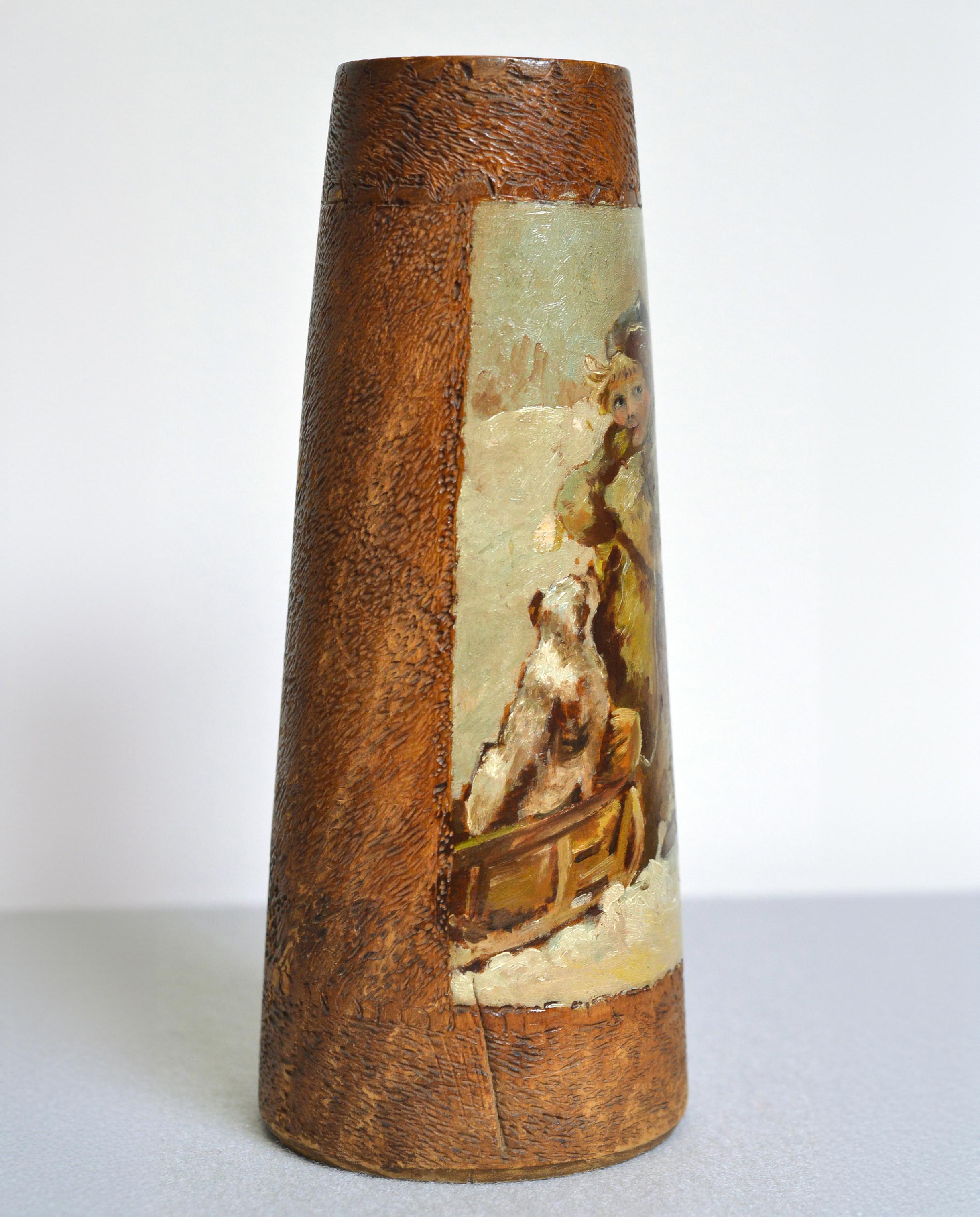 Art Nouveau Rare Antique Russian Abramtsevo Vase Hand Wood Carving Painting by Boehm For Sale