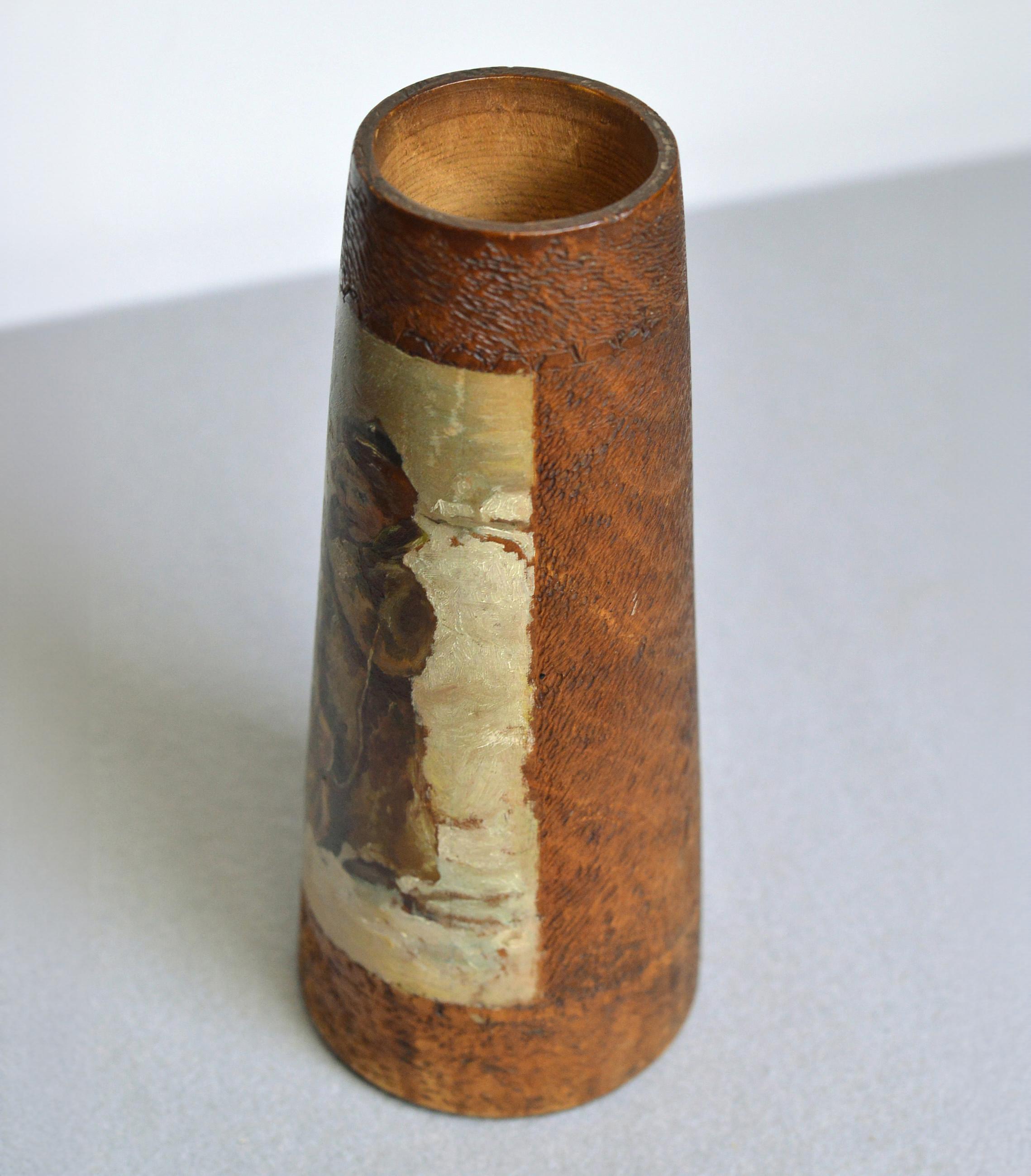 Hand-Carved Rare Antique Russian Abramtsevo Vase Hand Wood Carving Painting by Boehm For Sale