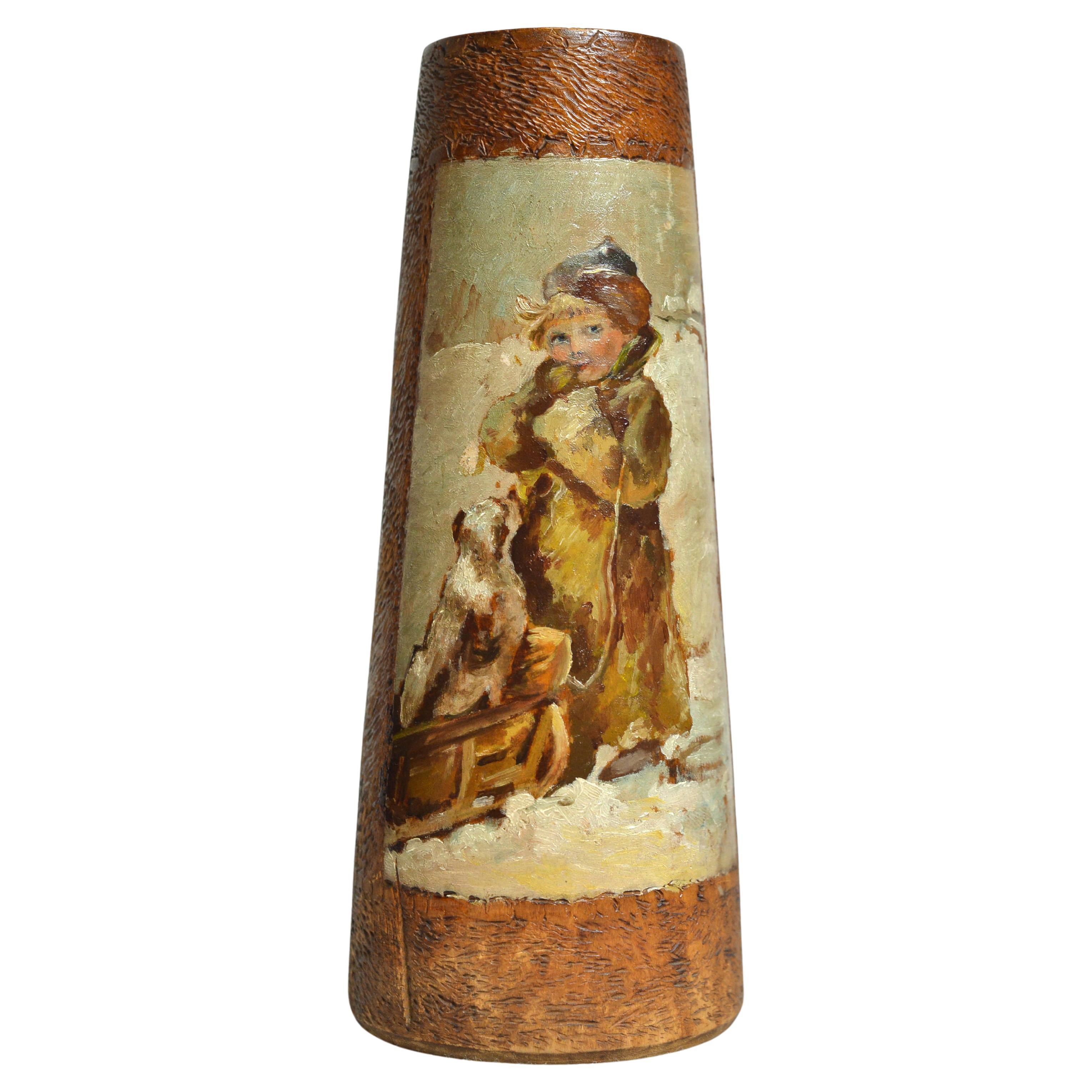 Rare Antique Russian Abramtsevo Vase Hand Wood Carving Painting by Boehm  For Sale