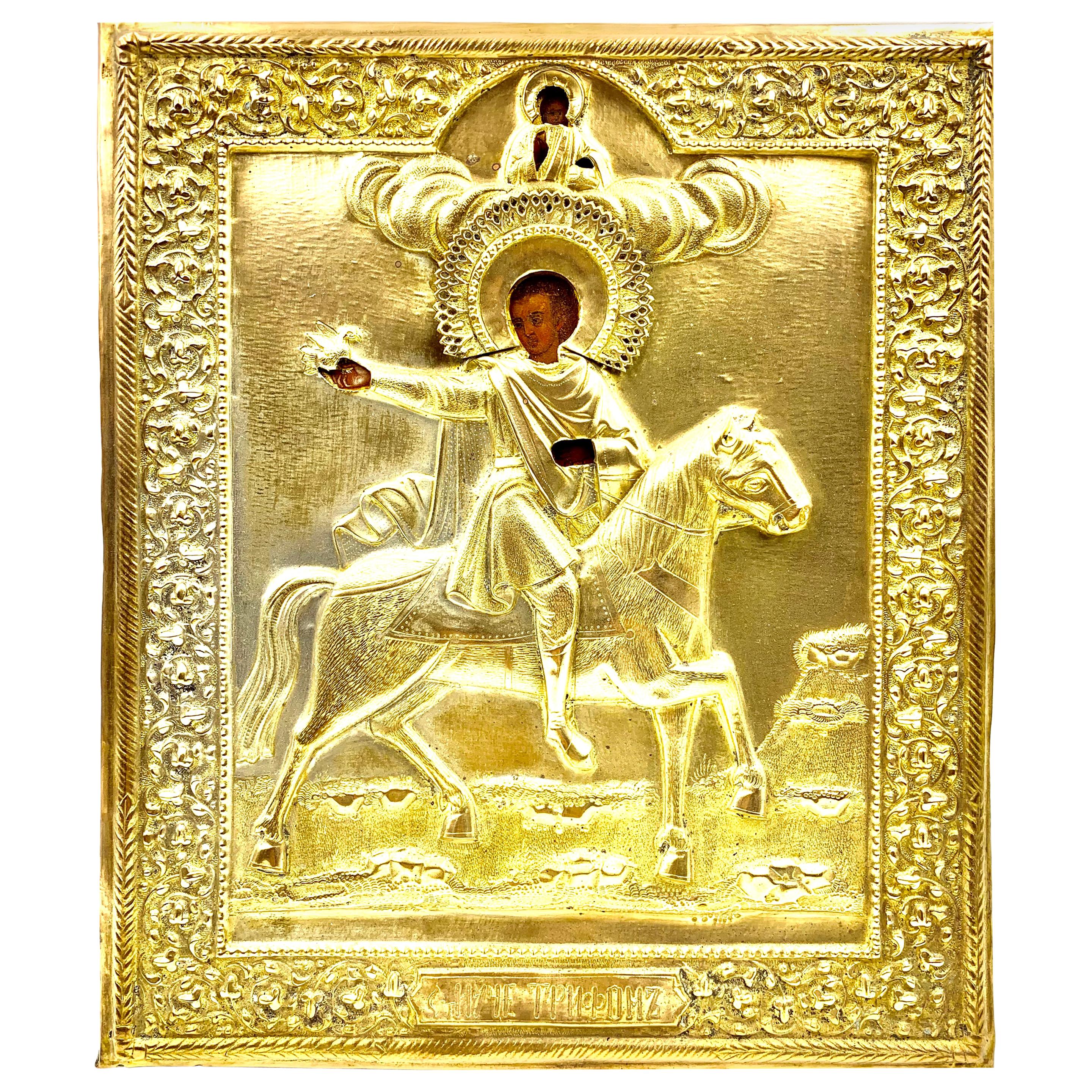 Seltene antike russische Ikone des Heiligen Tryphon, Schutzpatron der Weinkelche, Falconers