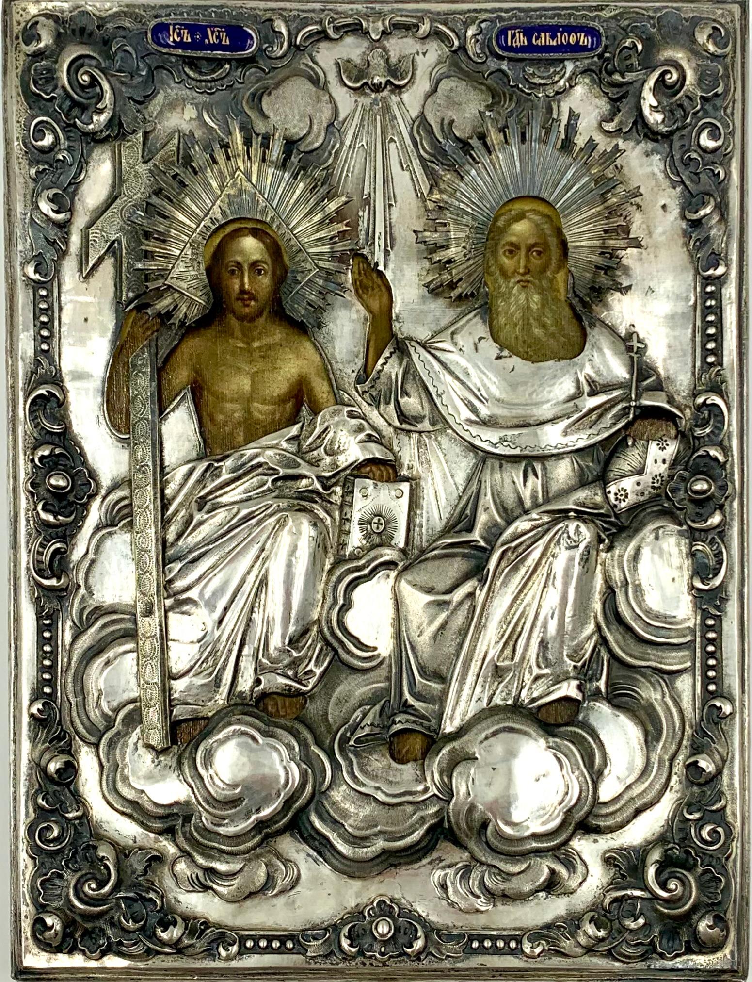 Hand-Painted Rare Antique Russian Moscow School Silver Enamel Icon of the Holy Trinity, 1853 For Sale