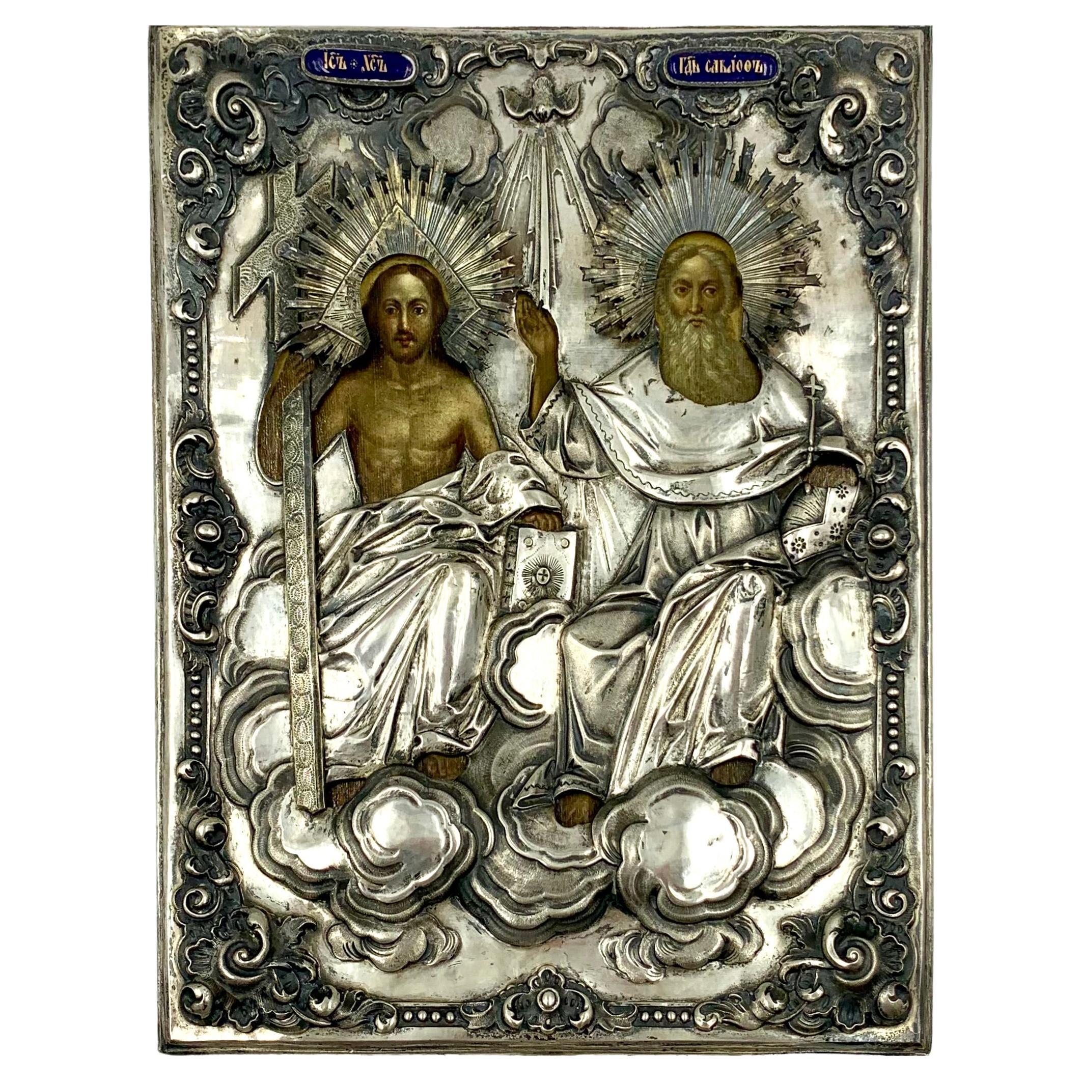 Rare Antique Russian Moscow School Silver Enamel Icon of the Holy Trinity, 1853