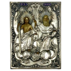 Rare Antique Russian Moscow School Silver Enamel Icon of the Holy Trinity, 1853