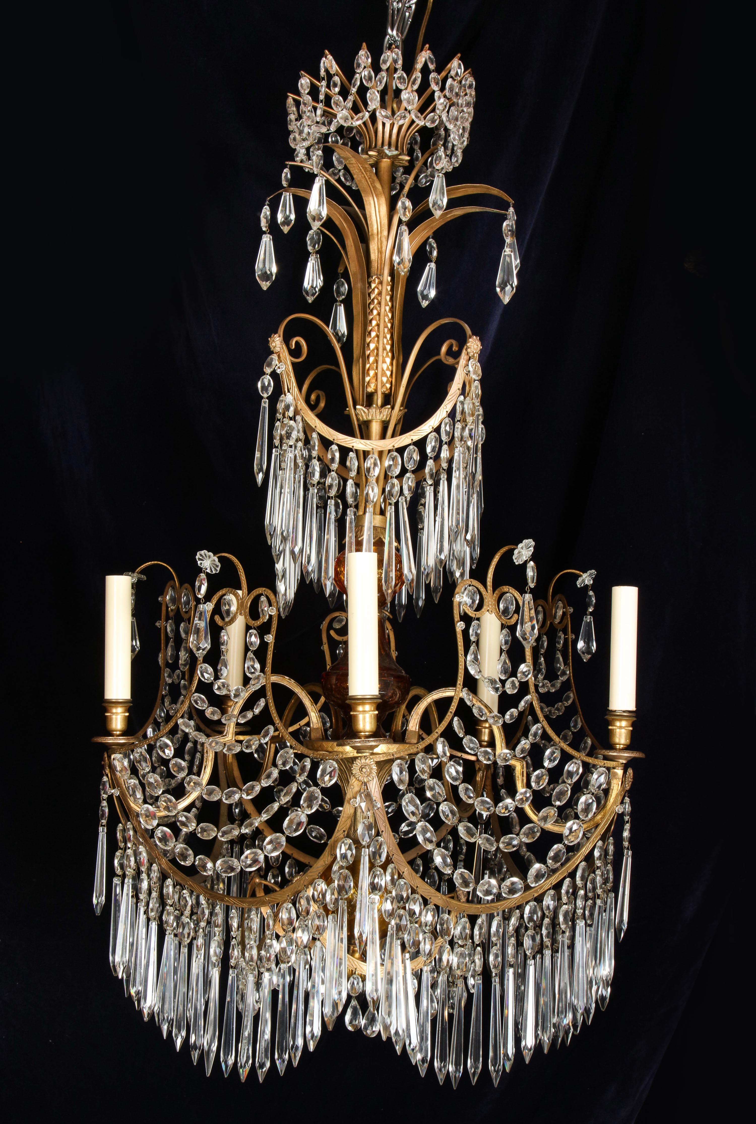Rare Antique Russian Neoclassical Gilt Bronze and Amber Glass Chandelier For Sale 5