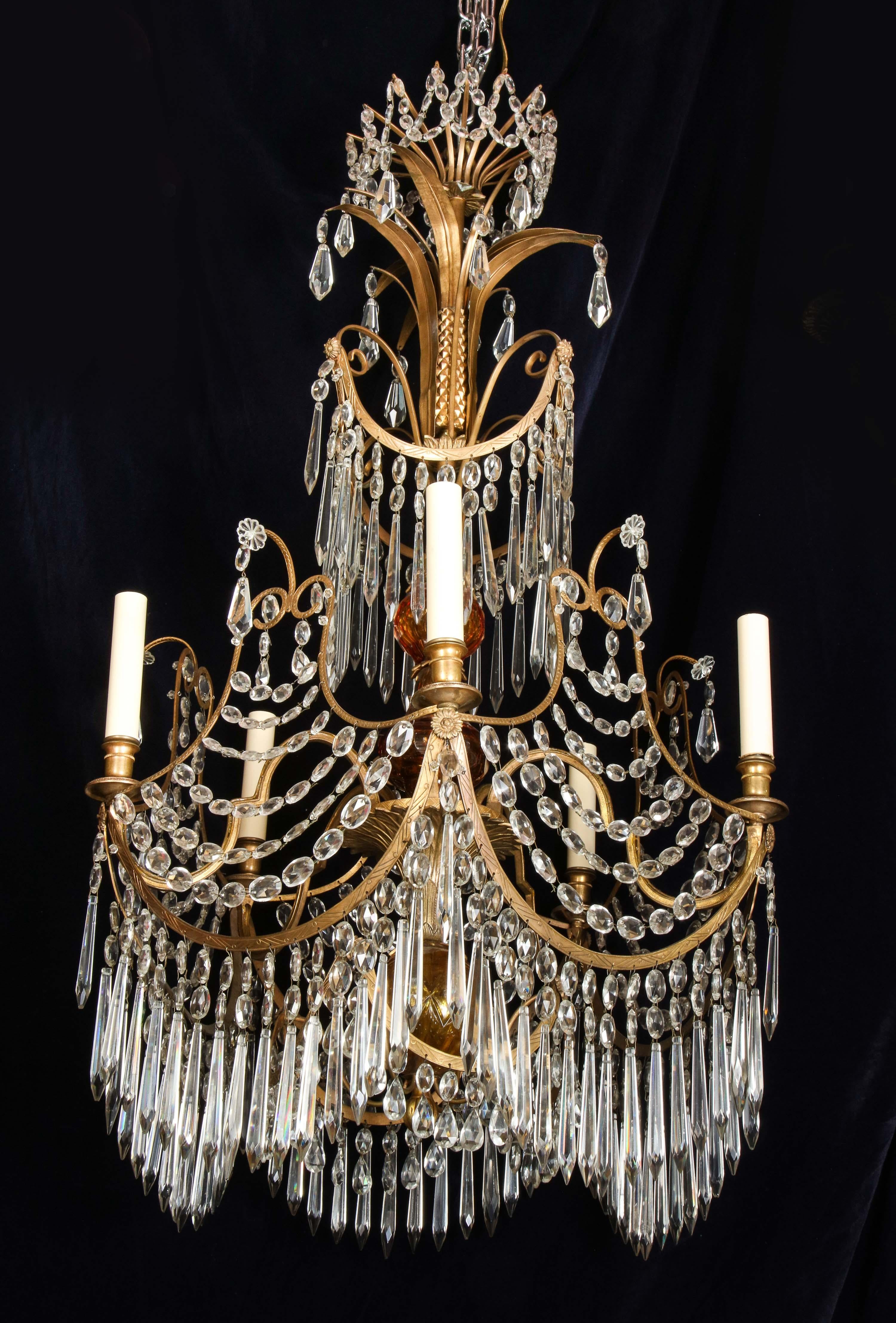 Rare Antique Russian Neoclassical Gilt Bronze and Amber Glass Chandelier For Sale 6
