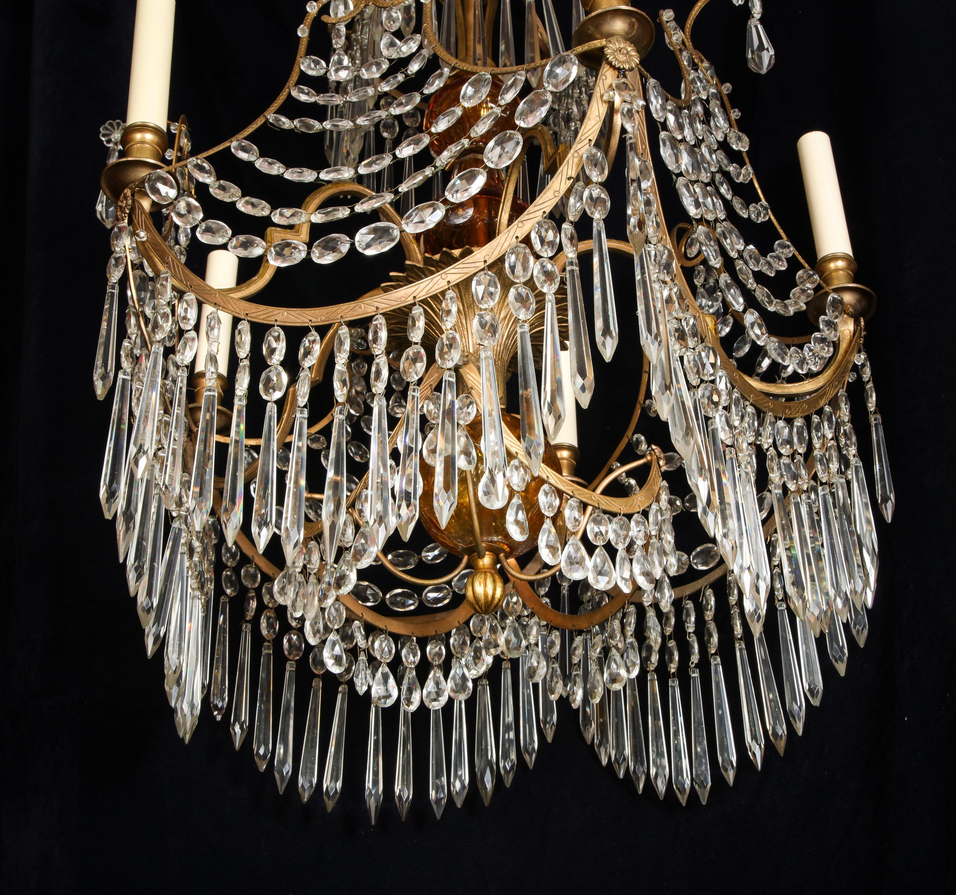 Rare Antique Russian Neoclassical Gilt Bronze and Amber Glass Chandelier For Sale 11