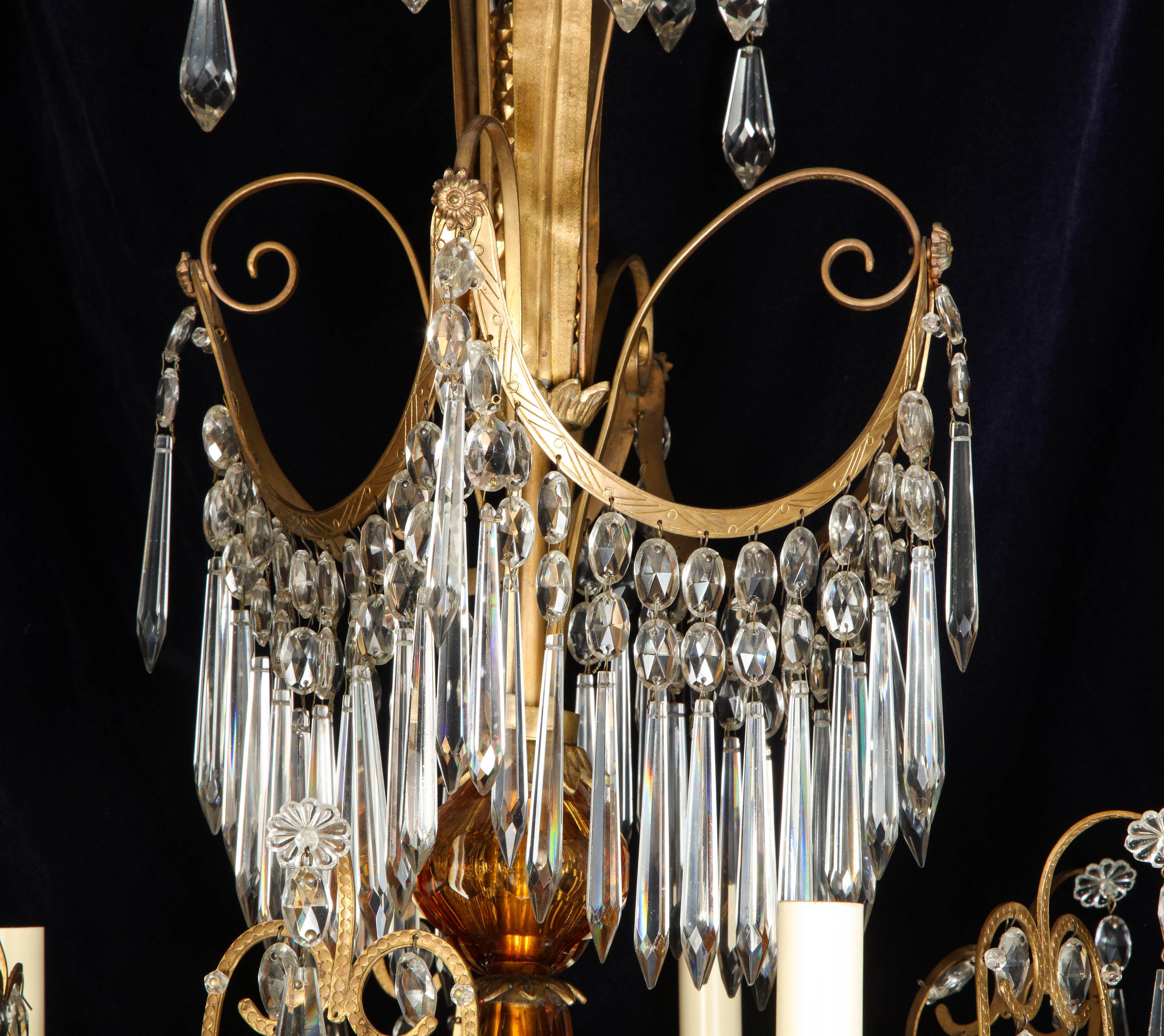 European Rare Antique Russian Neoclassical Gilt Bronze and Amber Glass Chandelier For Sale