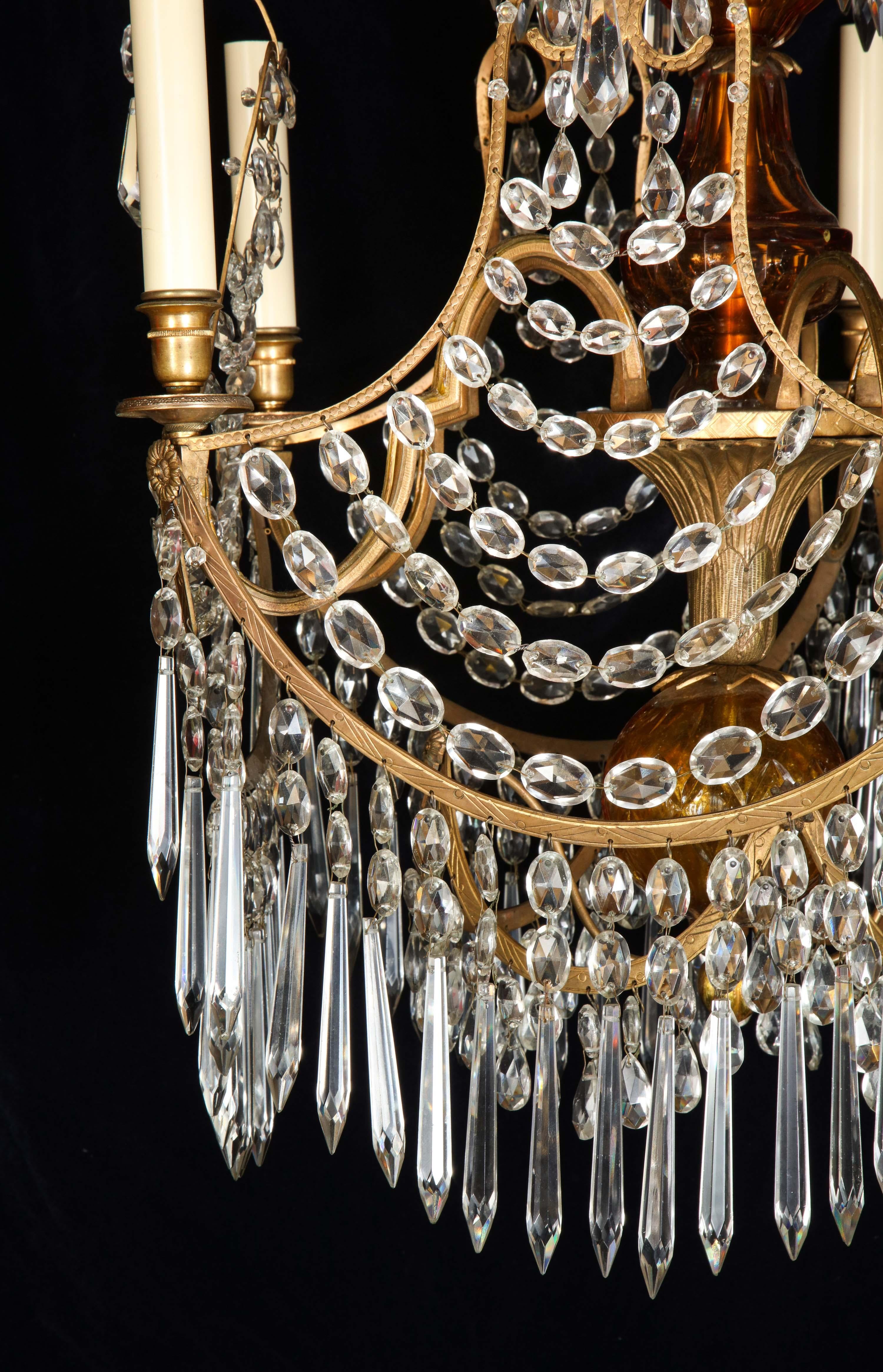 Rare Antique Russian Neoclassical Gilt Bronze and Amber Glass Chandelier In Good Condition For Sale In New York, NY