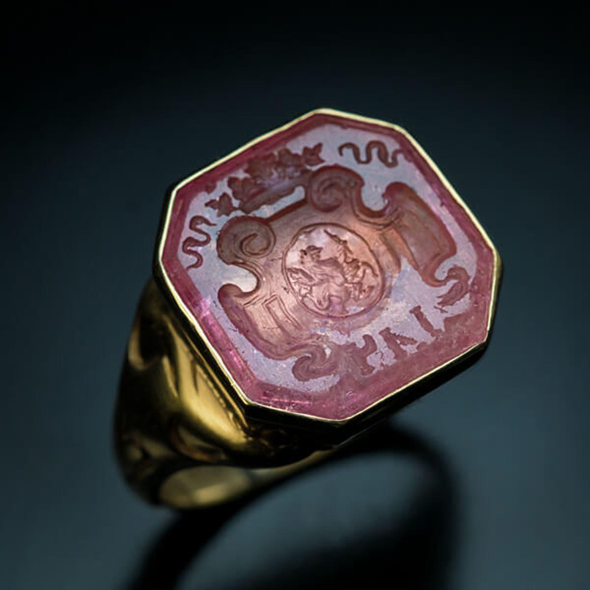 Rare Antique Russian Tourmaline Intaglio Gold Signet Ring In Excellent Condition In Chicago, IL