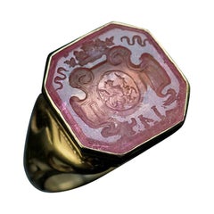 Rare Antique Russian Tourmaline Intaglio Gold Signet Ring