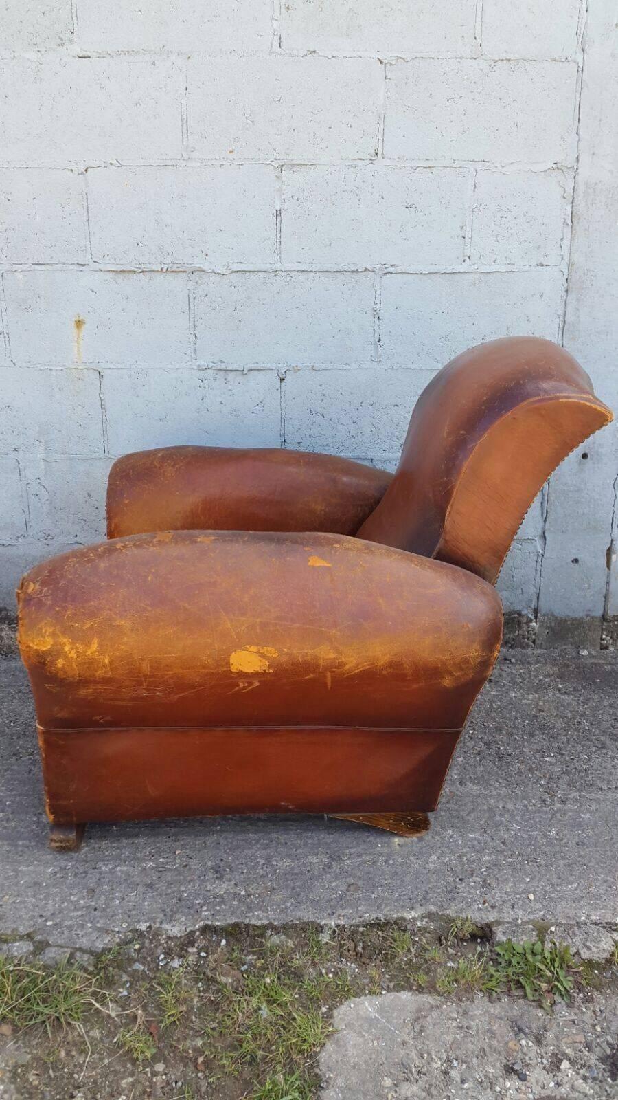 Rare Antique Rustic Vintage French Leather Club Chair, Industrial 
-Brilliant condition single french leather club chair.
-Beautiful dark brown leather with fantastic colouration wear. Very unusual shape.
-A real popular favourite, many more similar