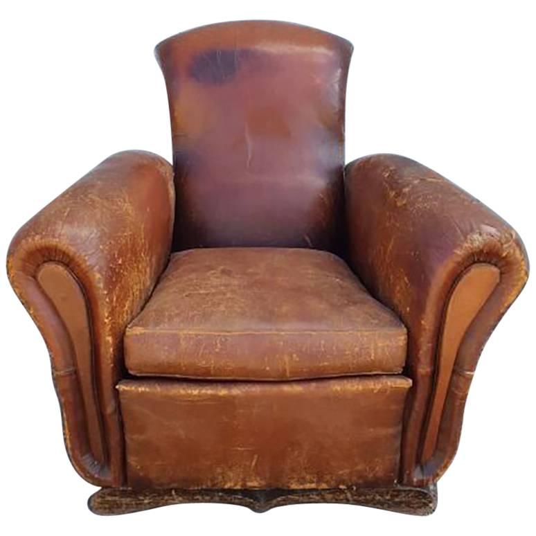 Rare Antique Rustic Vintage French Leather Club Chair, Industrial For Sale