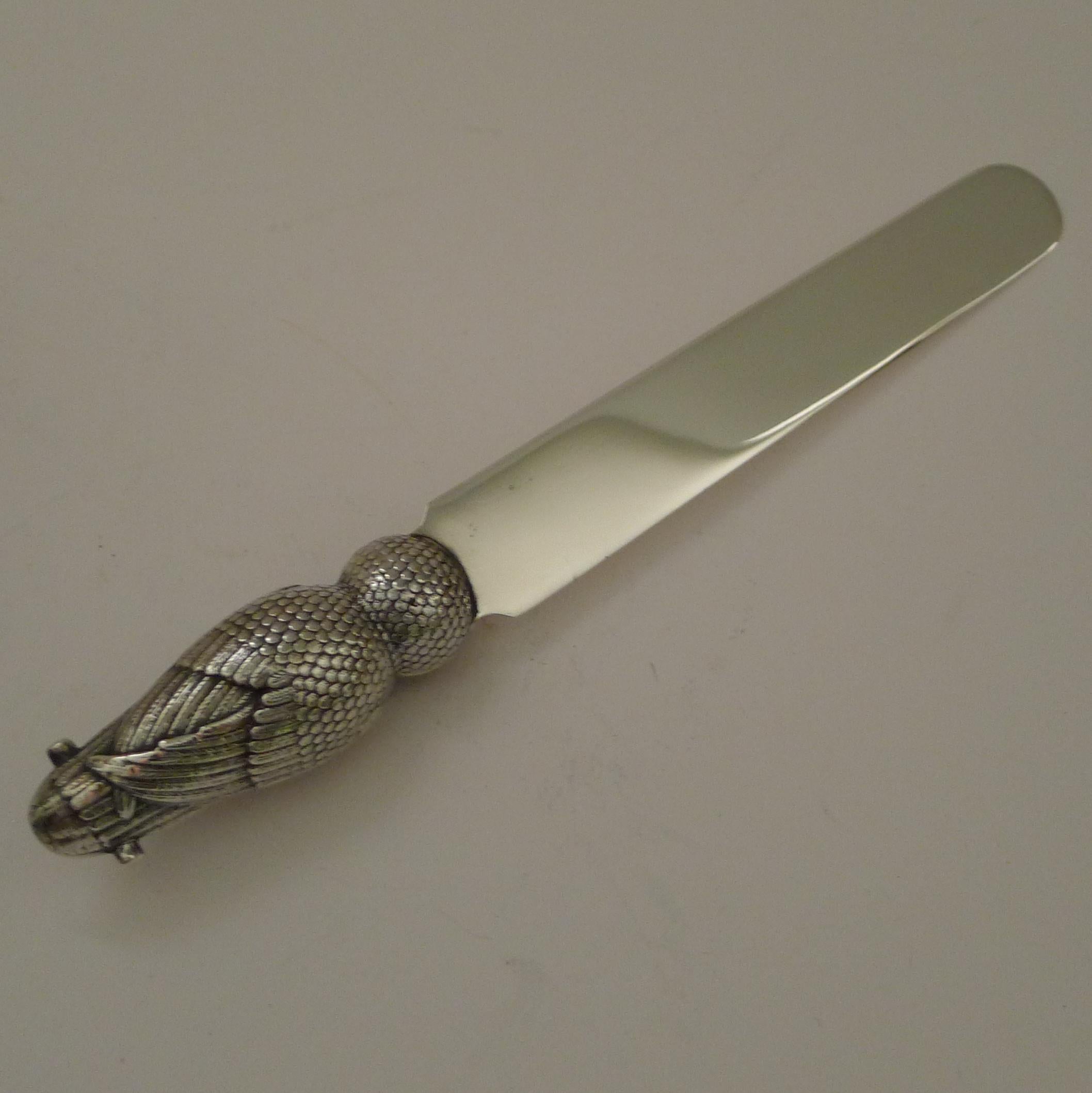 European Rare Antique Sampson Mordan Silver Owl Paper Knife
