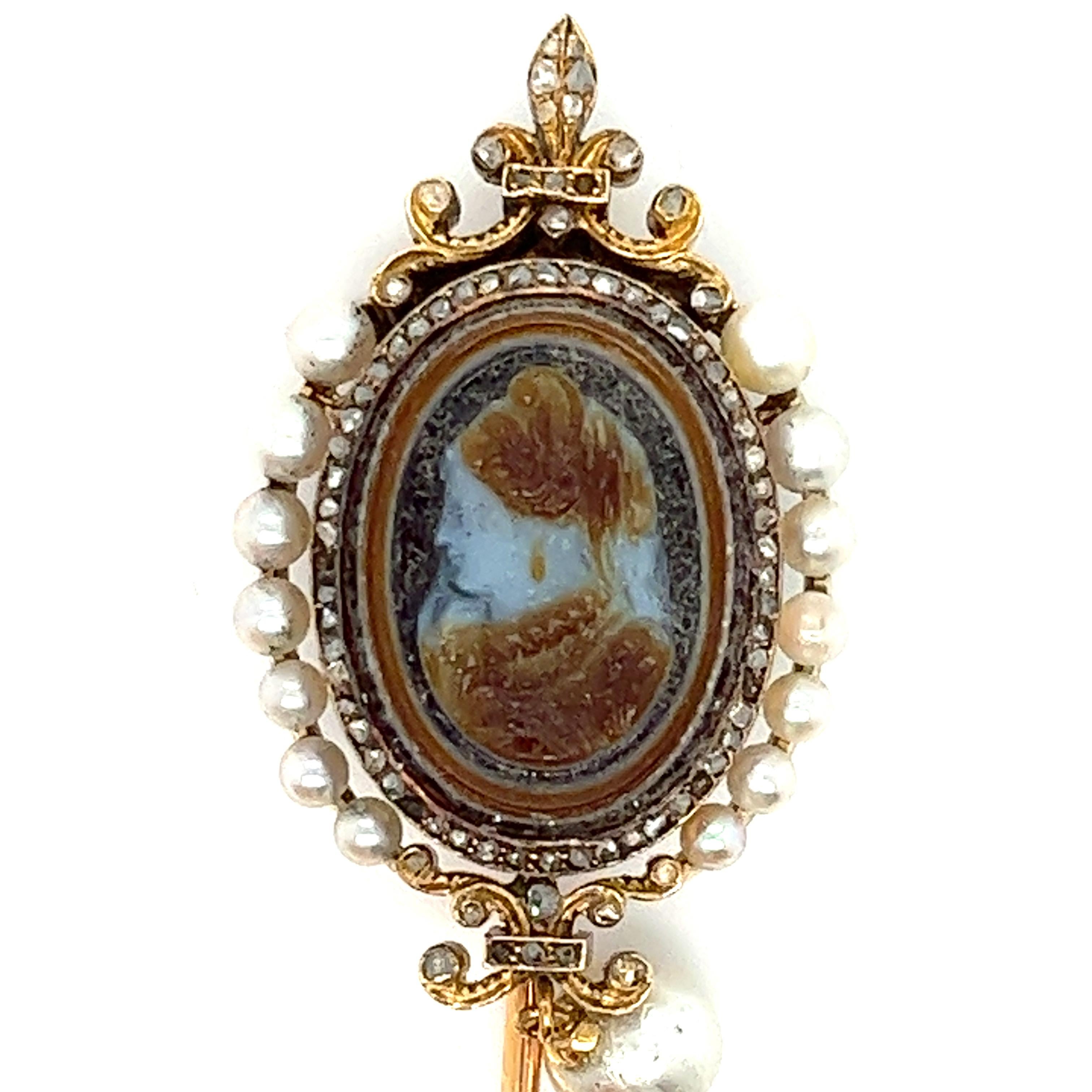 Early Victorian Rare Antique Sardonyx Cameo Pin - 18K Gold, Diamonds, and Pearls, Circa 1850. For Sale