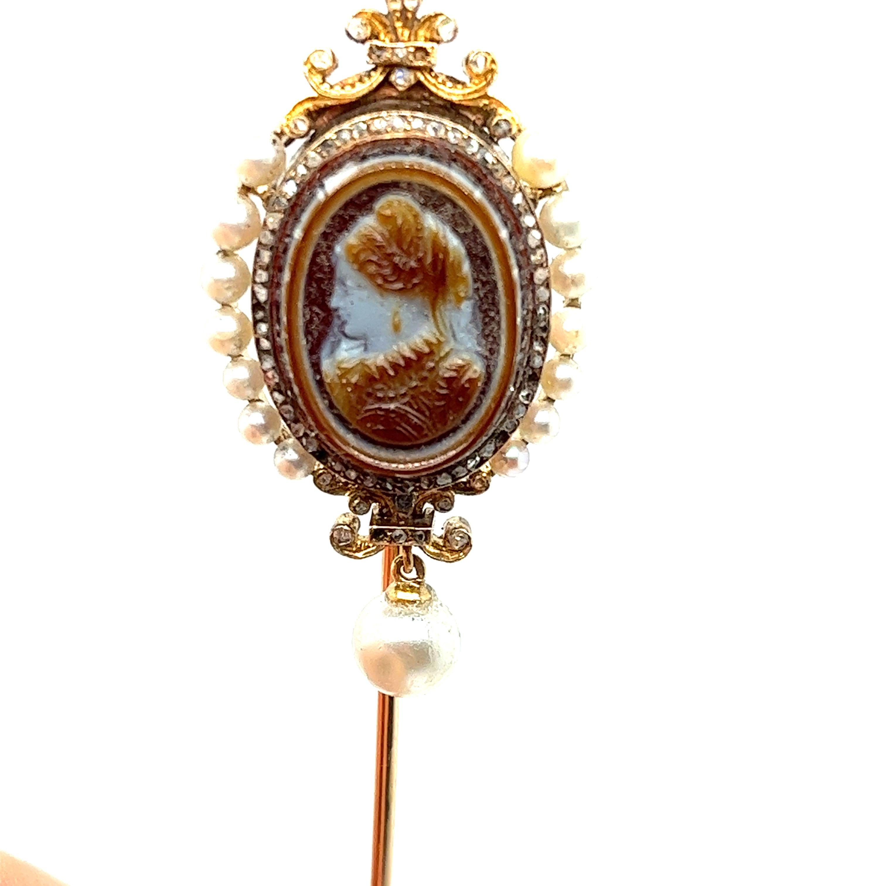 Rare Antique Sardonyx Cameo Pin - 18K Gold, Diamonds, and Pearls, Circa 1850. For Sale 1