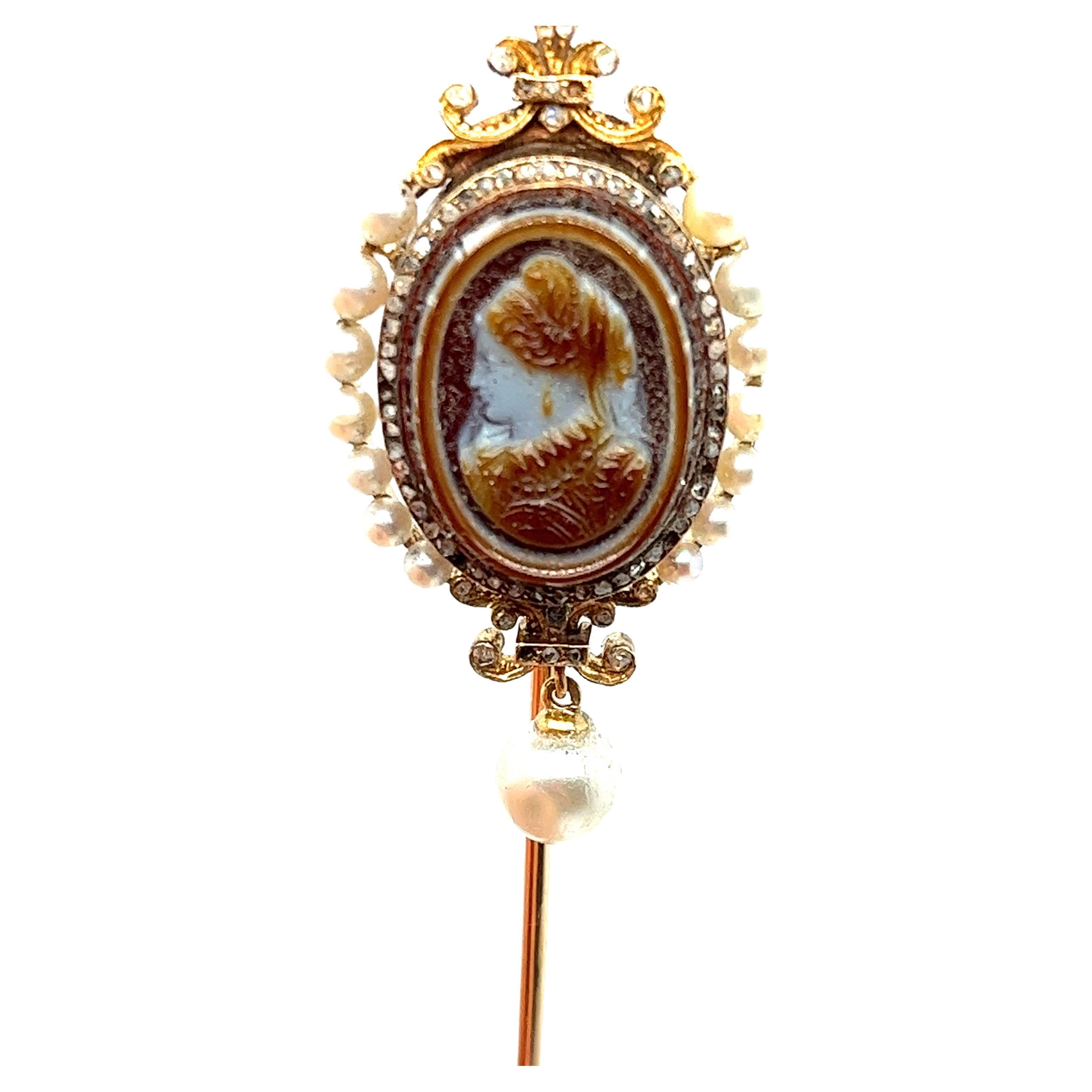 Rare Antique Sardonyx Cameo Pin - 18K Gold, Diamonds, and Pearls, Circa 1850. For Sale