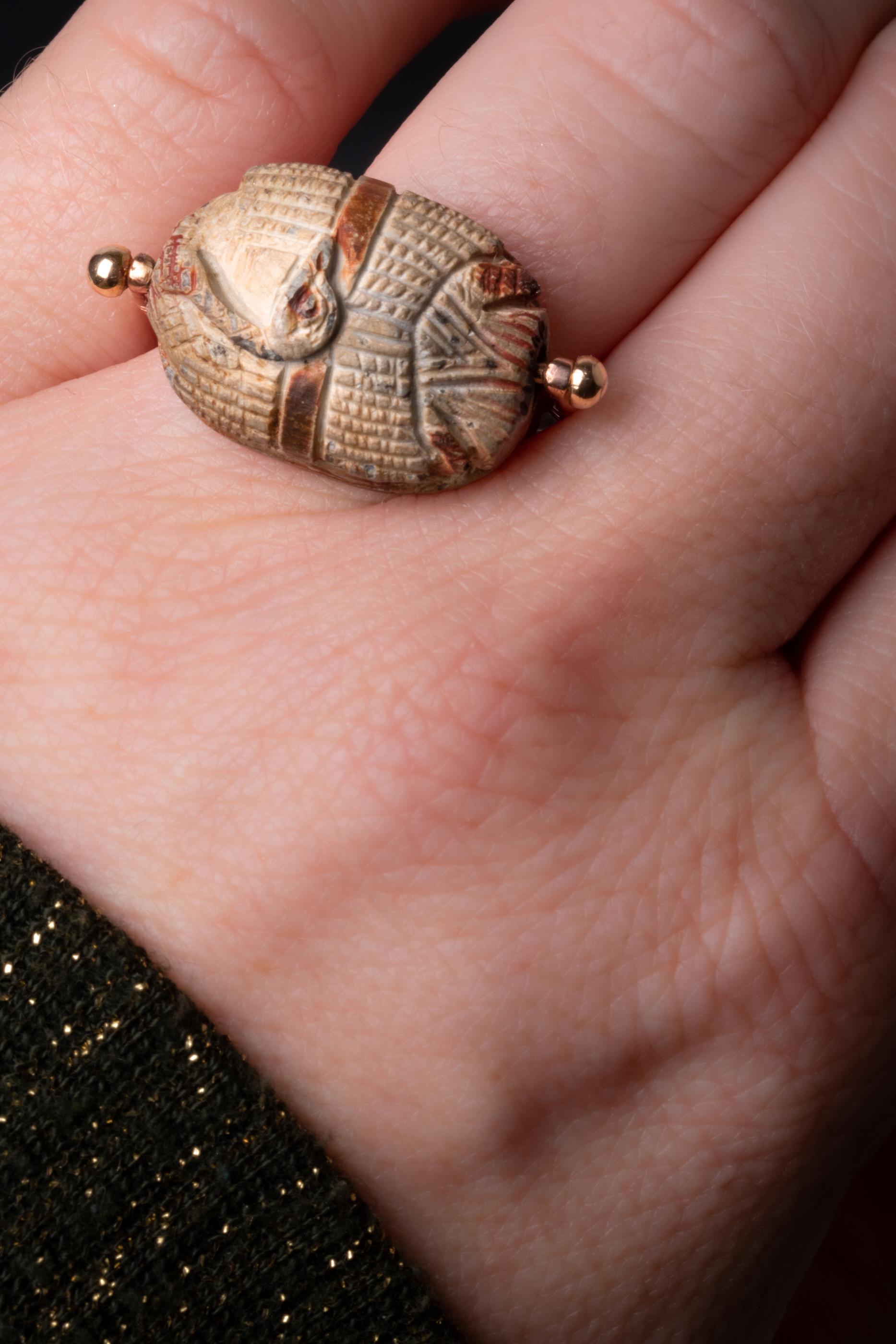 Late Victorian Rare Antique Scarab Swivel Ring, Golden Hieroglyph Ring, Antique Gold Duck Ring