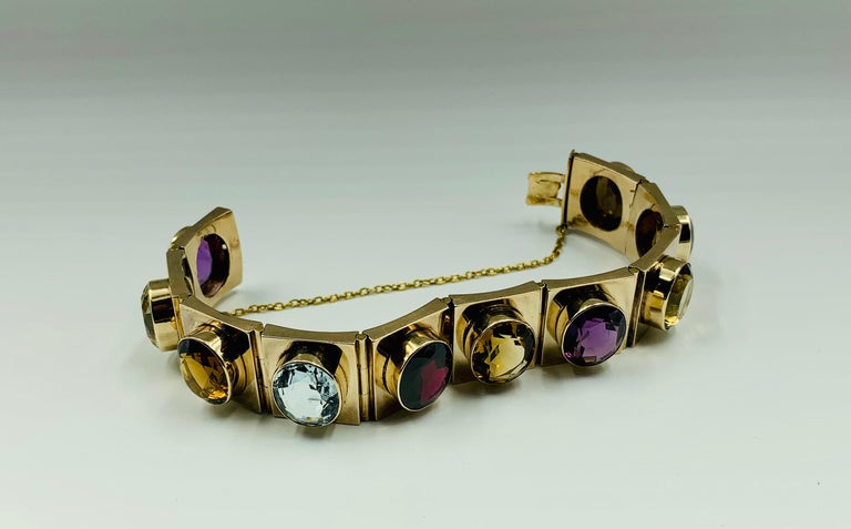 Women's or Men's Rare Antique Scottish 14K Gold and Multicolored Gemstone Bracelet, 19th Century For Sale