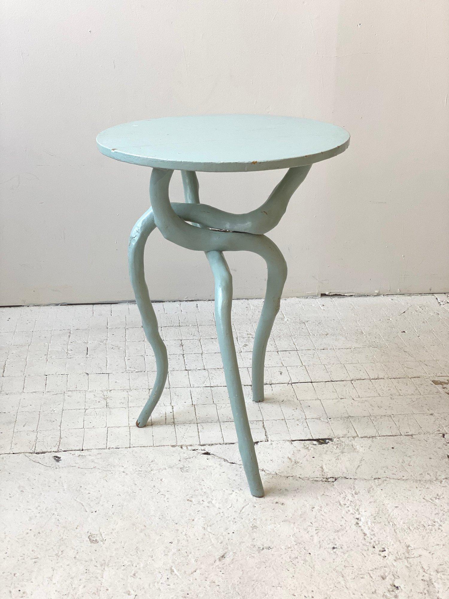 Rare Antique Sculptural Folk Art Powder Blue Painted Twig Table, Circa Late 19th Century. Constructed from a solid painted pine top with elongated naturally formed wood branch legs. Each leg is arranged to support the top, crossing the leg below and