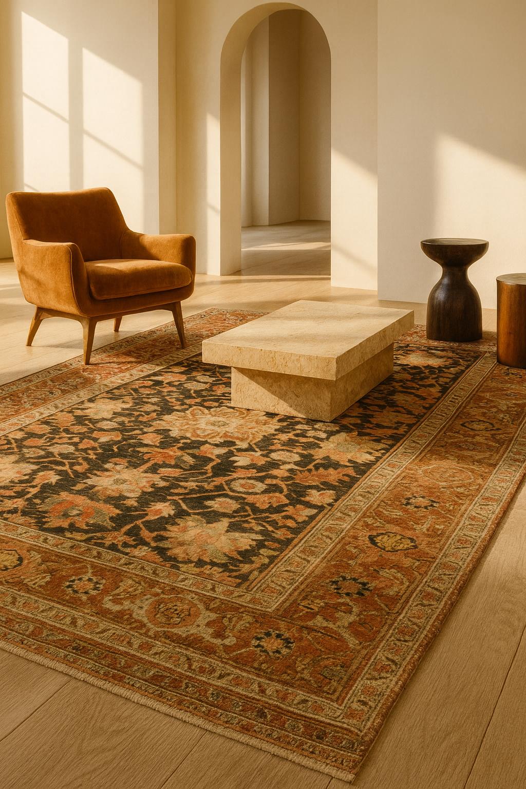 Ce tapis classique Serapi Heriz (Perse occidentale, vers 1880) illustre la noble géométrie et l'élégance sobre qui caractérisent les plus belles pièces de la tradition Heriz-Serapi. Noué à la main dans une laine lustrée et teintée naturellement, ce