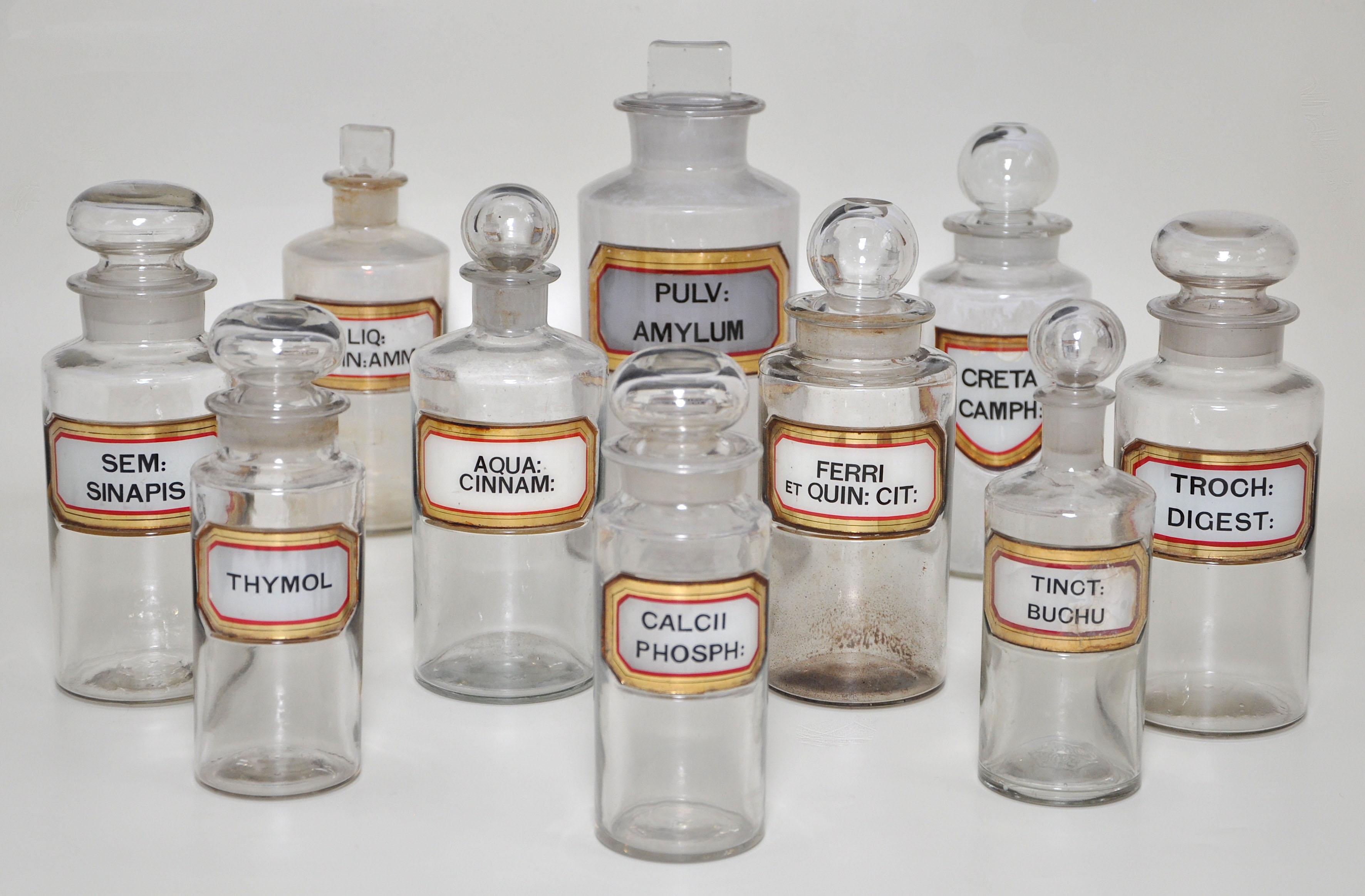 Rare antique set of 10 pharmacy bottles apothecary glass with gold leaf

Beautiful set of ten pharmaceutical bottles, circa 1900 originally from a chemists in Northern Ireland. Note the exquisite gold leaf framed labels which make them real