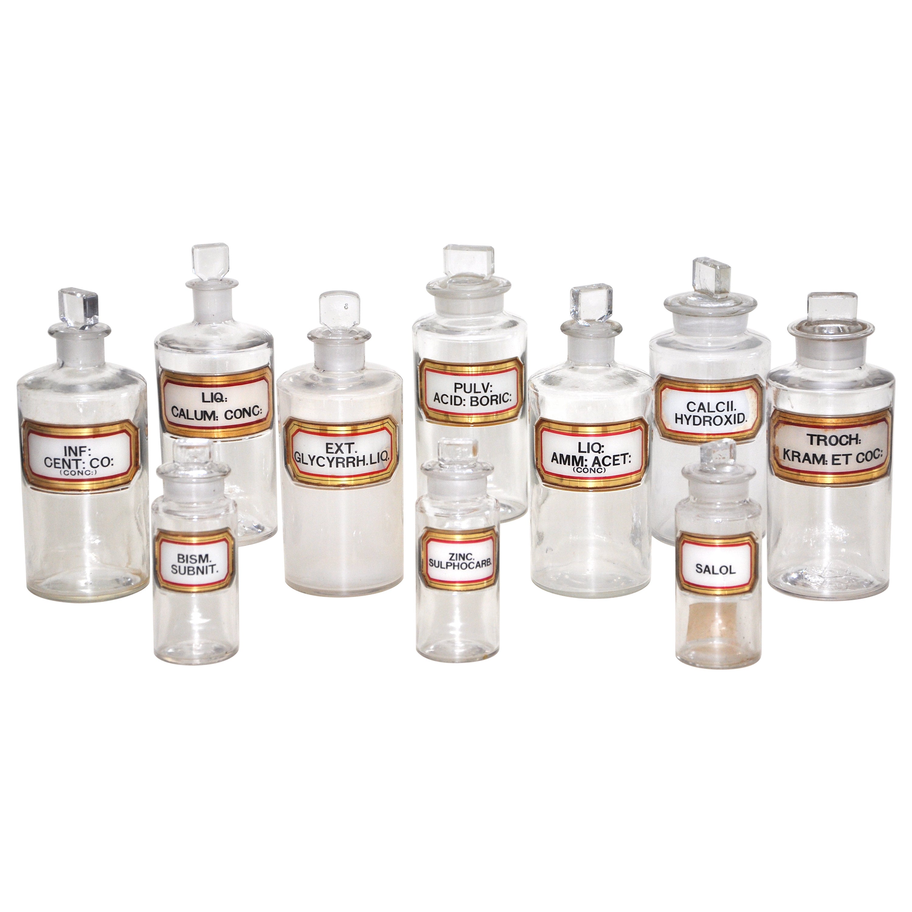 Seltenes antikes Set von 10 Apothekerflaschen aus Apothekerglas mit Blattgold