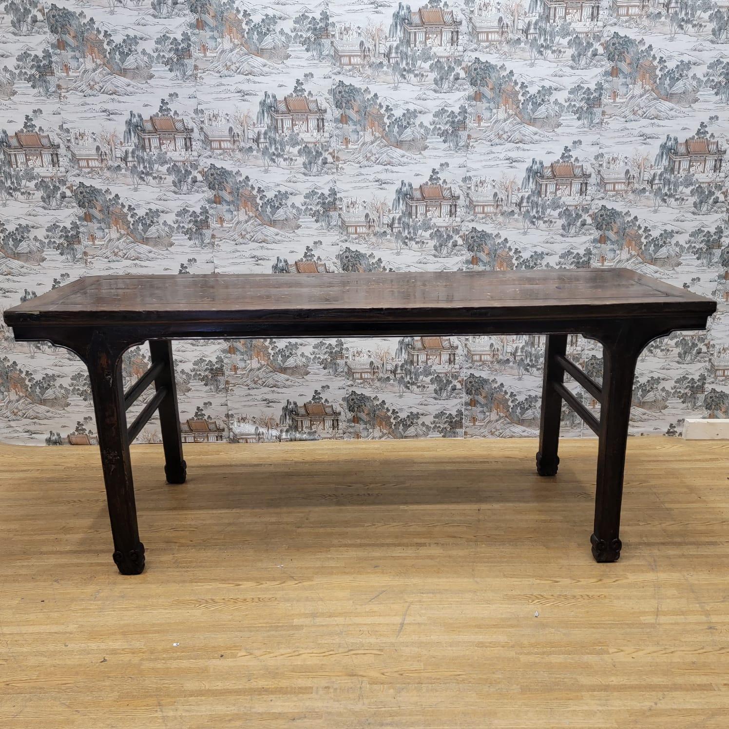 Rare Antique Shanxi Province Large Elm Calligraphy Desk

Rare calligraphy table in great antique condition, with original color and patina. Can be used as a large desk, a tall dining table with barstools, or a sofa back table for a 4 seat large