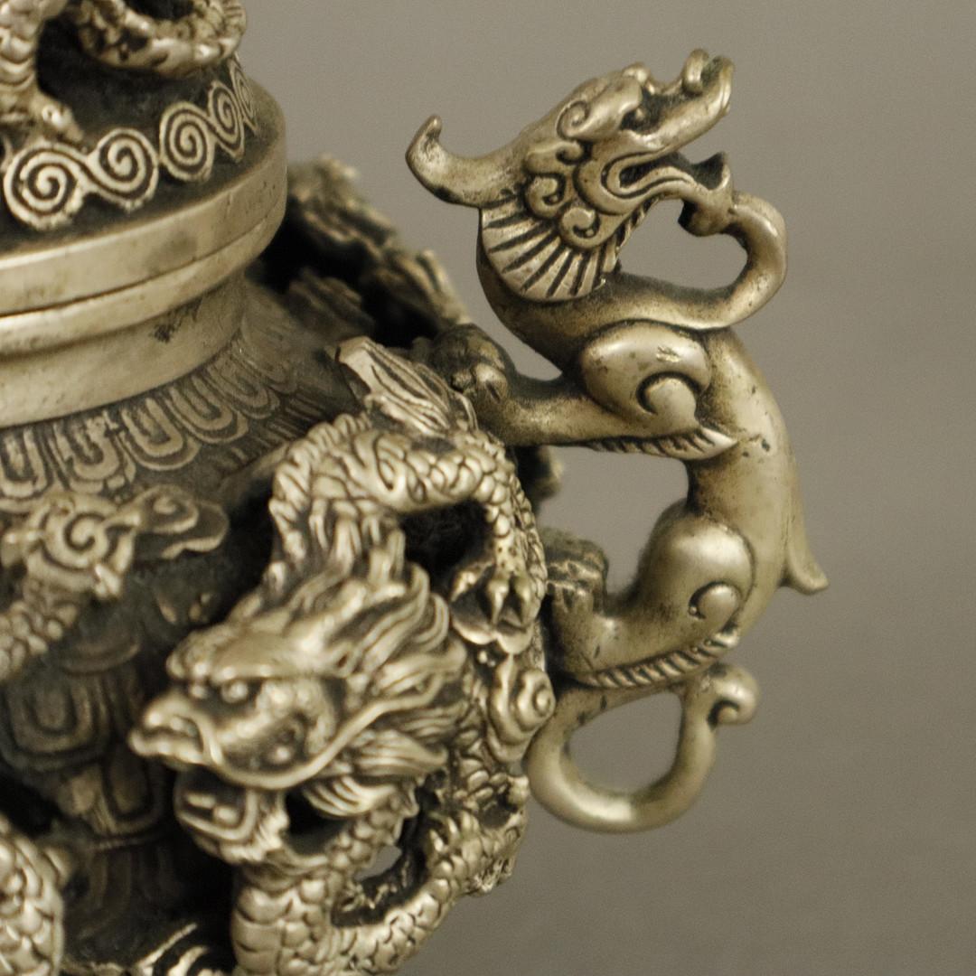 Rara Taza de Plata Antigua QUEMADOR DE INCIENSO Chino, Escultura de Dragones Grabada a Mano en Excelente estado para la venta en Wembley, GB