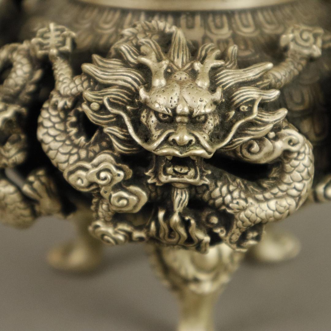 Rara Taza de Plata Antigua QUEMADOR DE INCIENSO Chino, Escultura de Dragones Grabada a Mano en venta 1