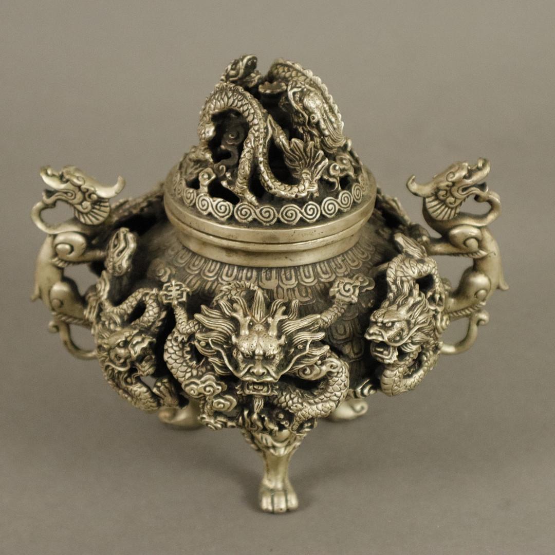 Rara Taza de Plata Antigua QUEMADOR DE INCIENSO Chino, Escultura de Dragones Grabada a Mano en venta 2