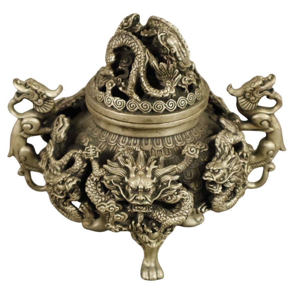 Rare Antique Silver Cup INCENSE BURNER Chinese, Hand Engraved Dragons Sculpture
