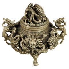 Rare Antique Silver Cup INCENSE BURNER Chinese, Hand Engraved Dragons Sculpture