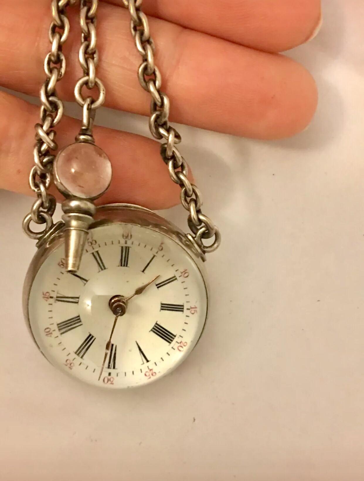 Antique Silver Glass Ball Pocket Watch with Matching Silver Glass